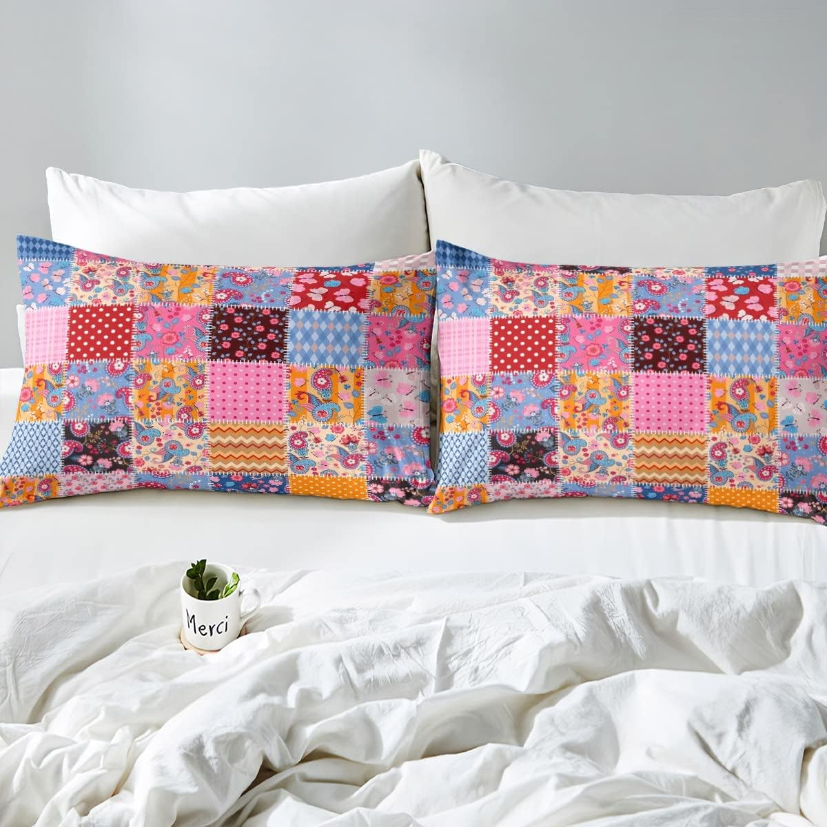 Manfei Floral Grid Patchwork Duvet Cover Set S Size, Vintage Paisley Flowers Dots Stripes Check Comforter Cover Romantic Boho Style Bedding Sets Children Girls Women Colourful Rustic Quilt Cover