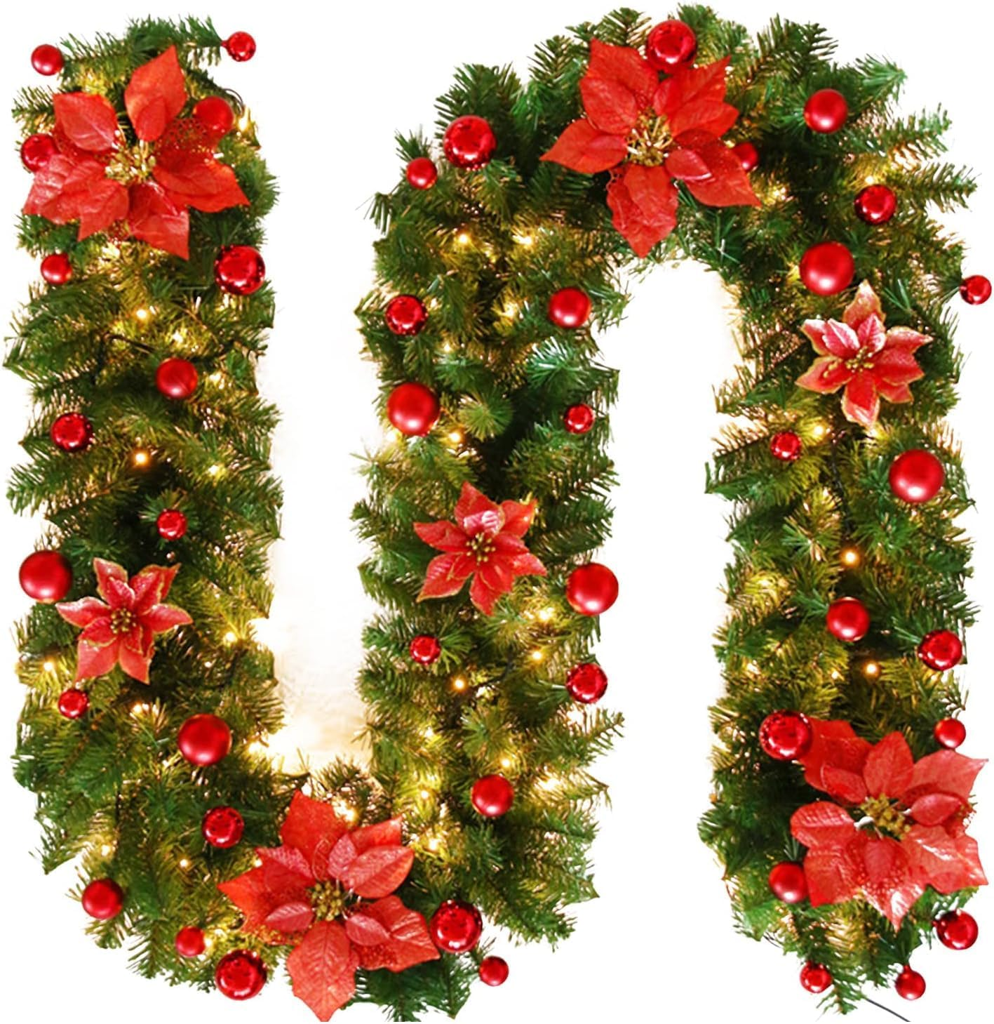 Christmas Garland, 2.7M Christmas Rattan Christmas Artificial Flower Vine for Home Stairs Fireplace Front Porch Door Display Indoor Outdoor Xmas Decor(Green,2.7M)