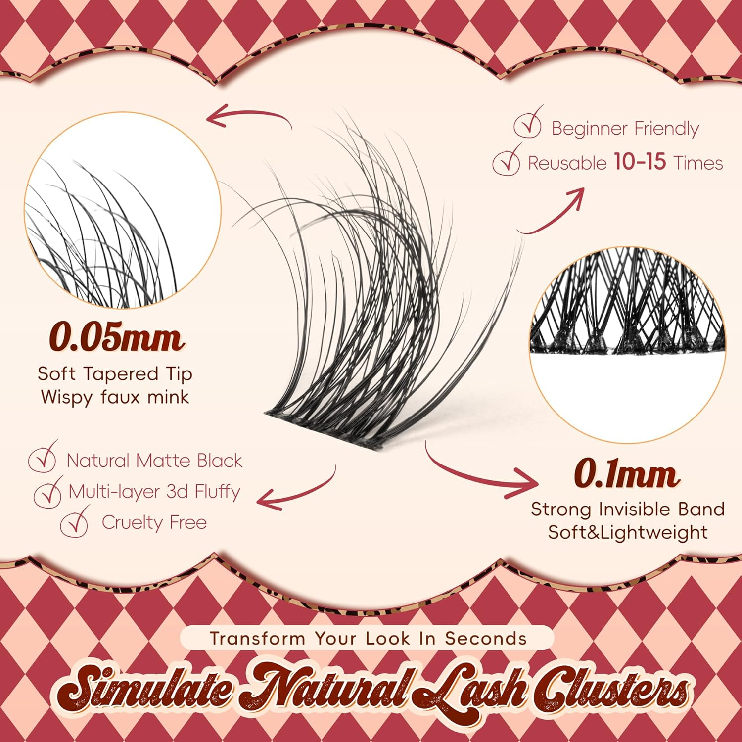 Lash Clusters 0.05Mm PBT Fiber Eyelash Clusters, 0.1Mm Superfine Invisiband D Curl Diy Lash Extension, 96Pcs 8-16Mm Individual like Eyelash Extensions (Velvet-D-8-16Mix) image number 1