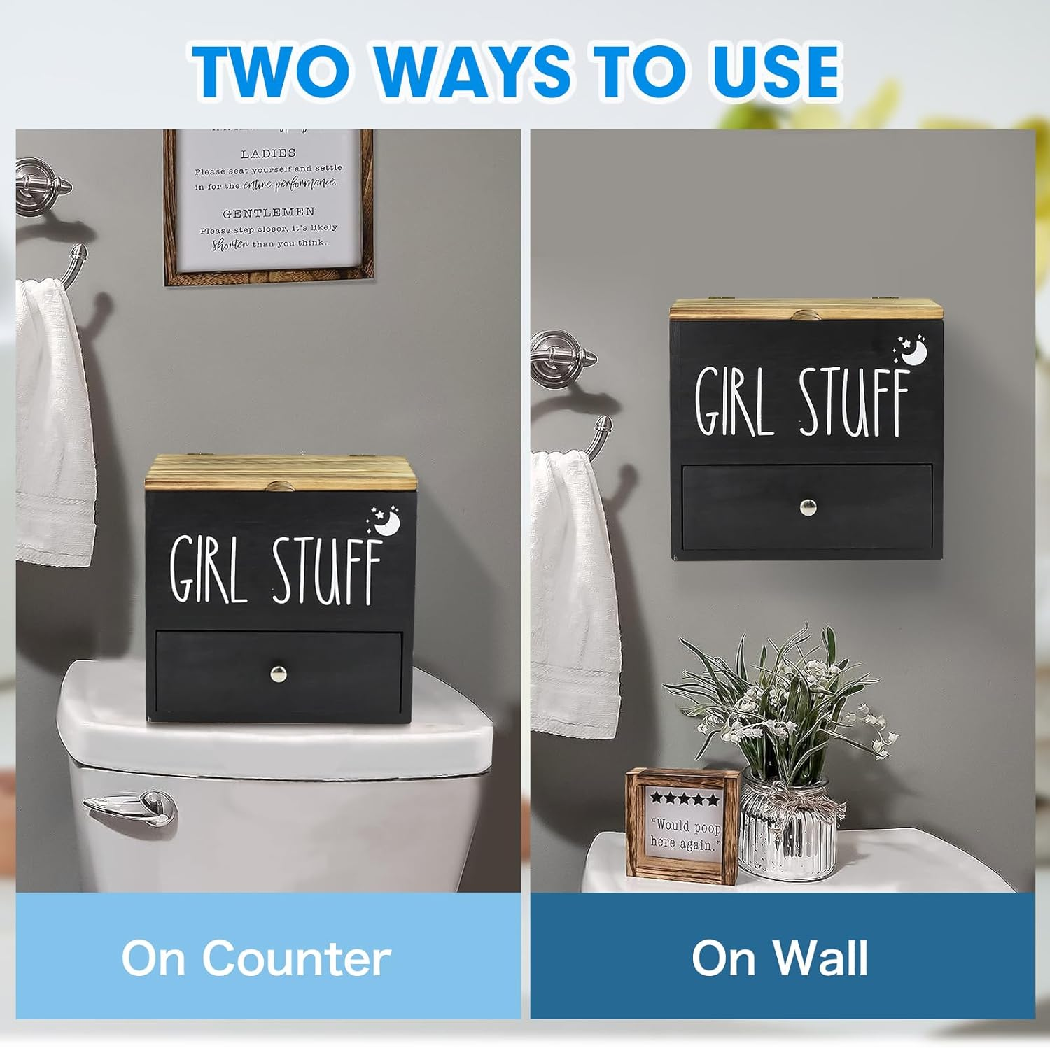 Tampon Holder for Bathroom Decor and Storage, Wood Feminine Product Organizer with Drawer and Lid, Pad and Tampon Organizer Bathroom Accessories Box for Tampon Storage, Black Cotton Ball/Swab Holder image number 3