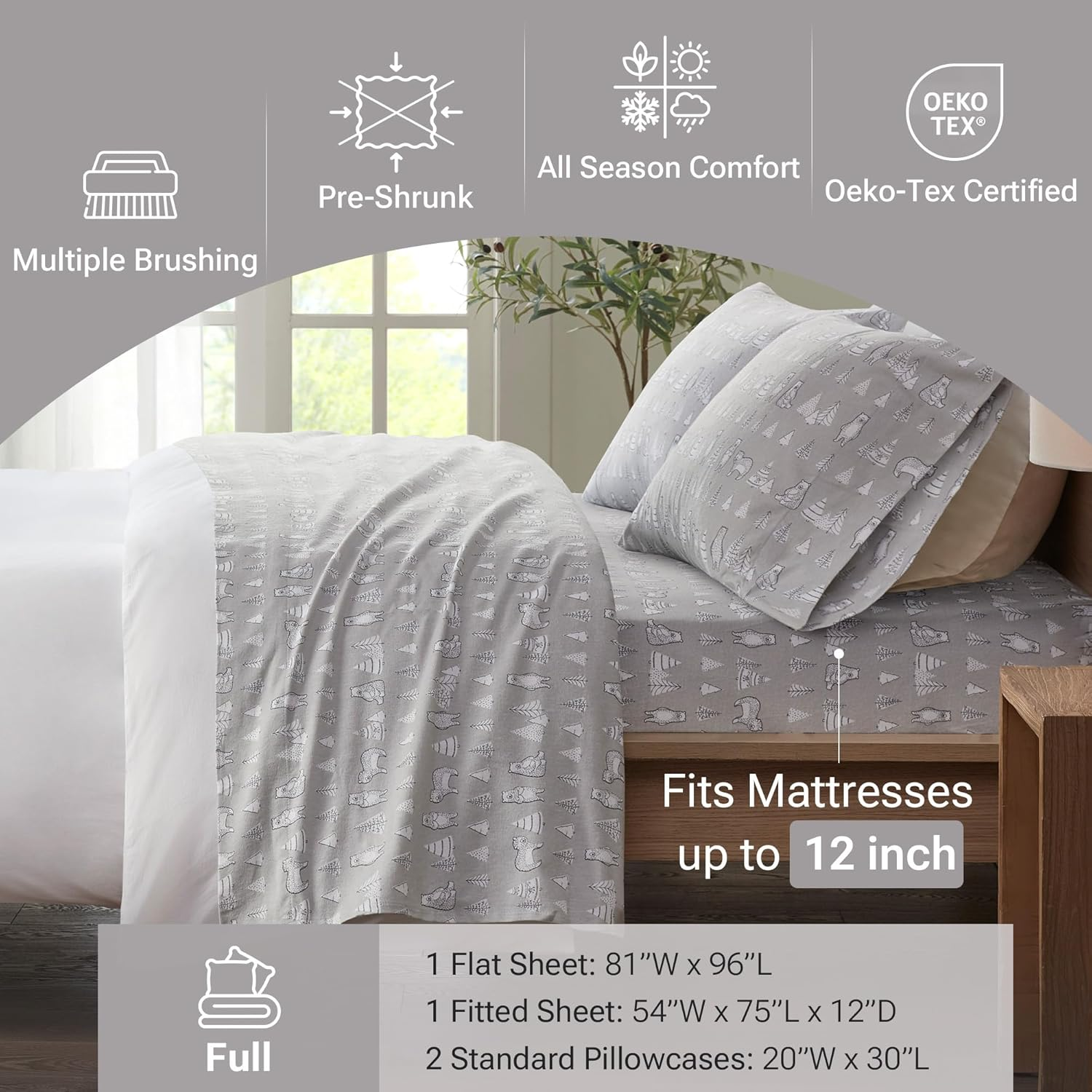 Sleep Philosophy True North by Cozy Flannel Warm 100% Cotton Sheet - Novelty Print Animals Stars Cute Ultra Soft Cold Weather Bedding Set, Full, Bear 4 Piece image number 6