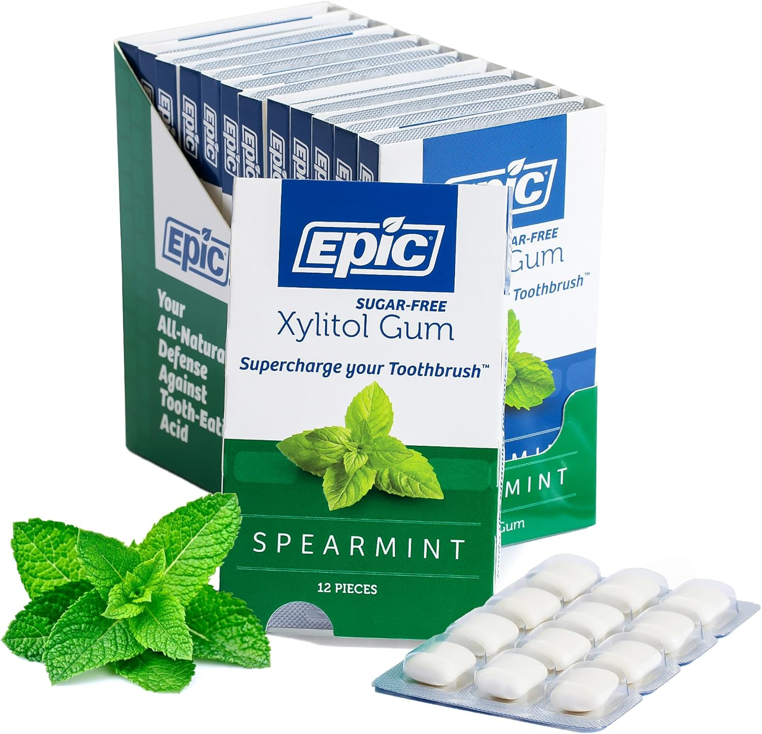 Epic Xylitol Chewing Gum - Sugar Free & Aspartame Free Chewing Gum Sweetened W/Xylitol for Dry Mouth & Gum Health (Spearmint, 12-Piece Pack, 12 Packs) image number 6