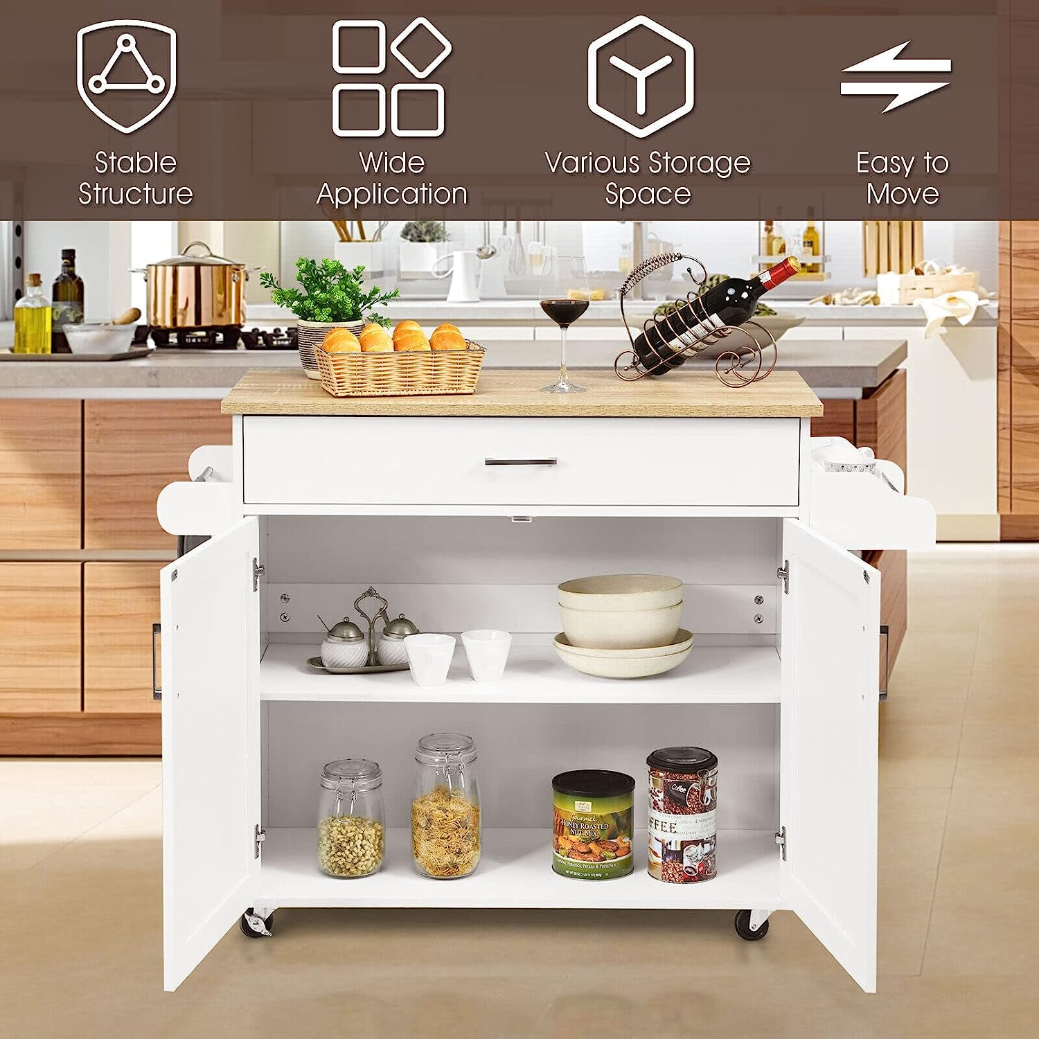 Giantex Wooden Rolling Kitchen Island, Storage Cart Trolley W/Adjustable Shelf, Spice Storage Sgelf, Towel Rack & Drawer, Utility Buffet Cabinet W/Beech Top for Kitchen Dinning Room Canteen, White - Grey image number 4