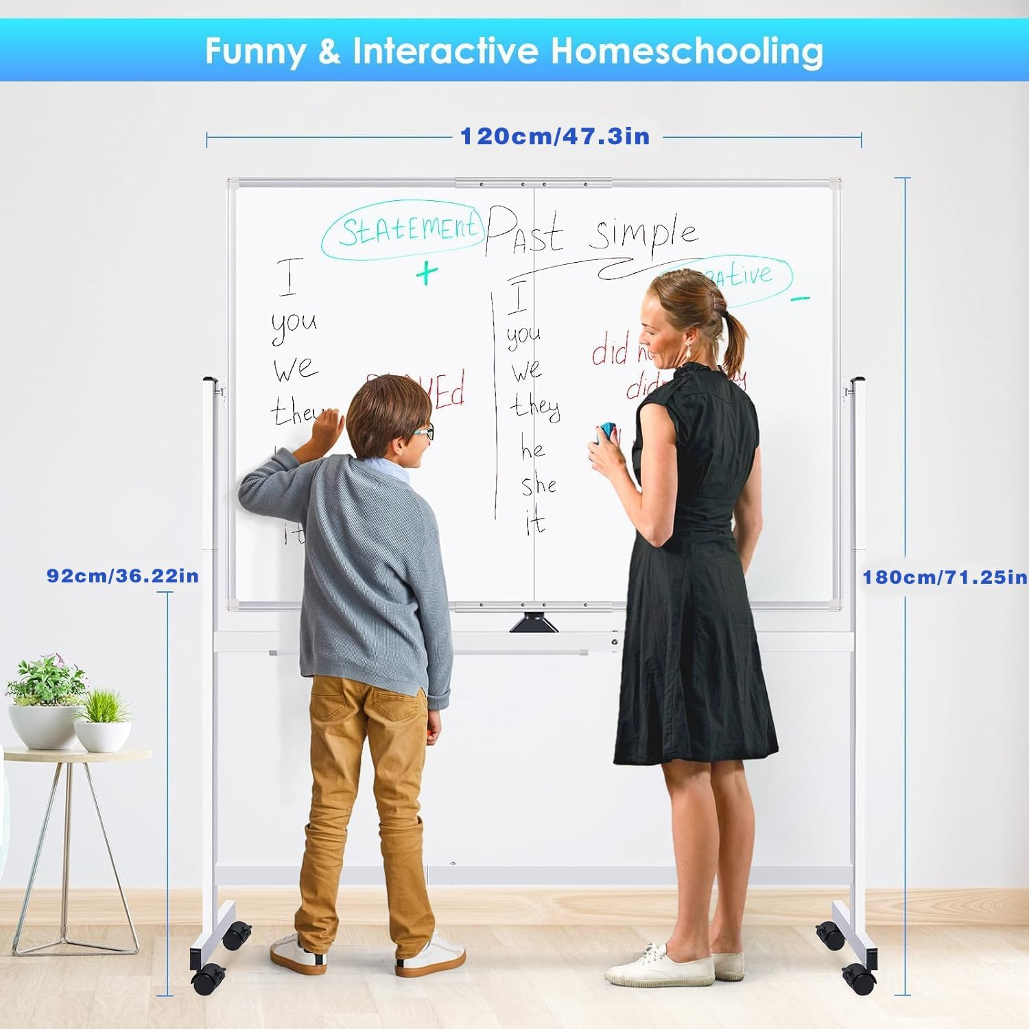 Rolling Whiteboard, 120X90Cm Large Magnetic White Board with Stands, Big Double-Sided White Board Dry Erase on Wheels for Homeschool, Home Office, Office, School image number 4