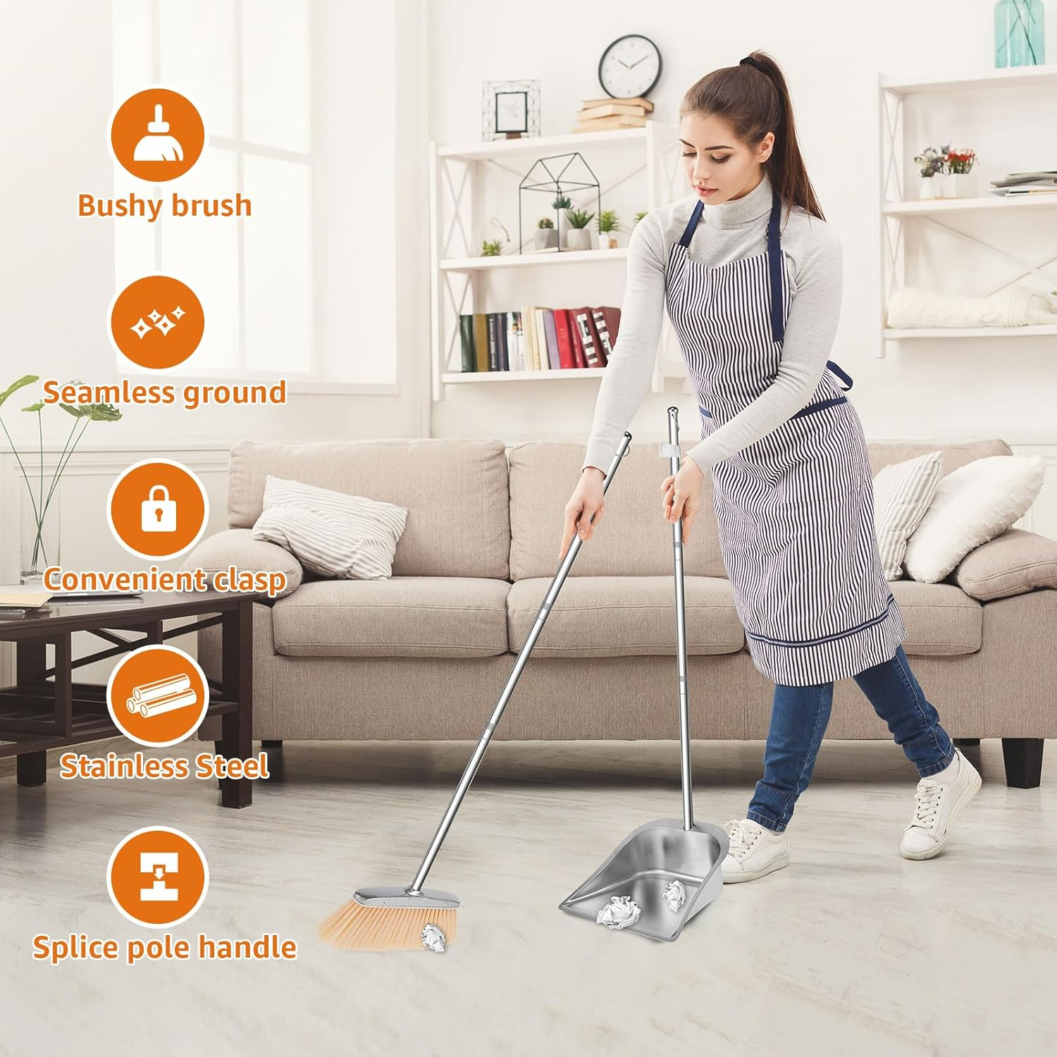 Broom and Dustpan Set Stainless Steel Upright Broom Dustpans with Long Handle Heavy Duty Dustpan Broom Combo Set Portable Sweeper and Dustpan Set for Home Office Dorm (Square) - Square image number 6