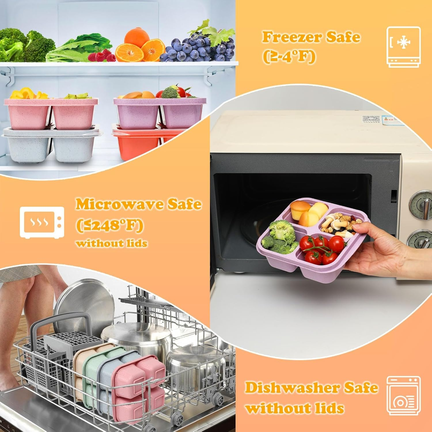 6 Pack Meal Prep Containers, 4 Compartment Bento Snack Boxes, Reusable Divided Lunch Box Containers image number 1