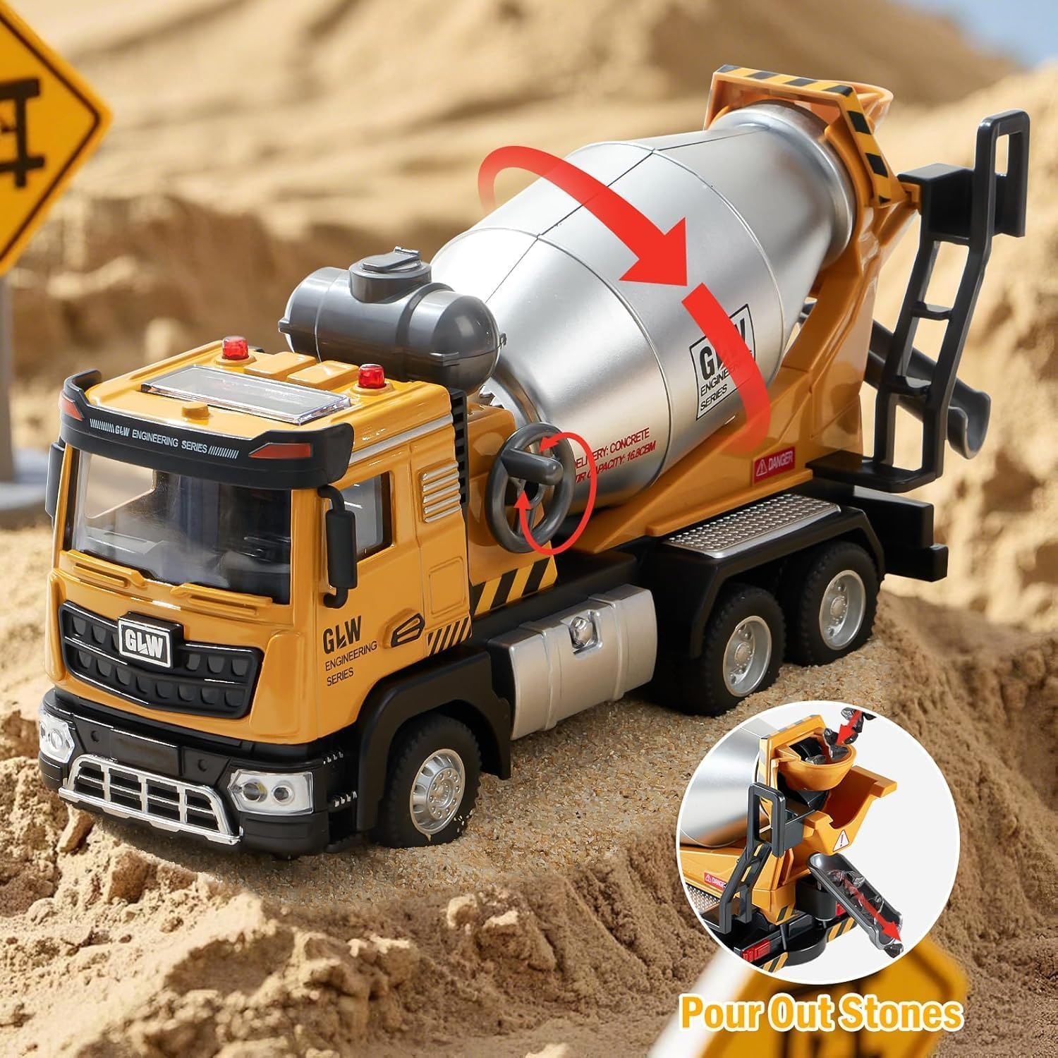 Uandhome Construction Cement Mixer Toy Truck for Boys,Alloy Realistic Pull Back Truck with Lights and Sound, Perfect Birthday for Toddlers Kids Ages 3-8 (Cement Mixer Truck) - Exacavator Truck image number 3