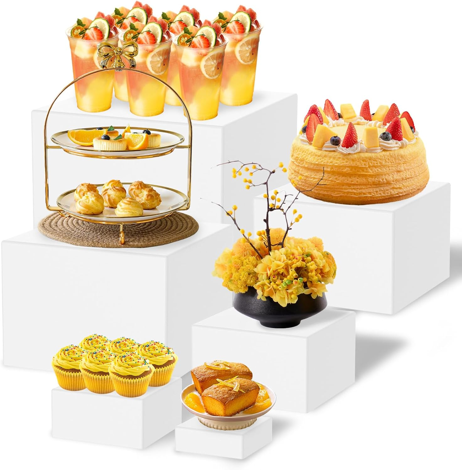 6 Pcs Acrylic Display Riser with Hollow Bottom 6 Different Sizes Box Buffet Risers Stackable Buffet Stands Reusable Food Stands Multifunctional Food Display Risers for Party Buffets Table(White)