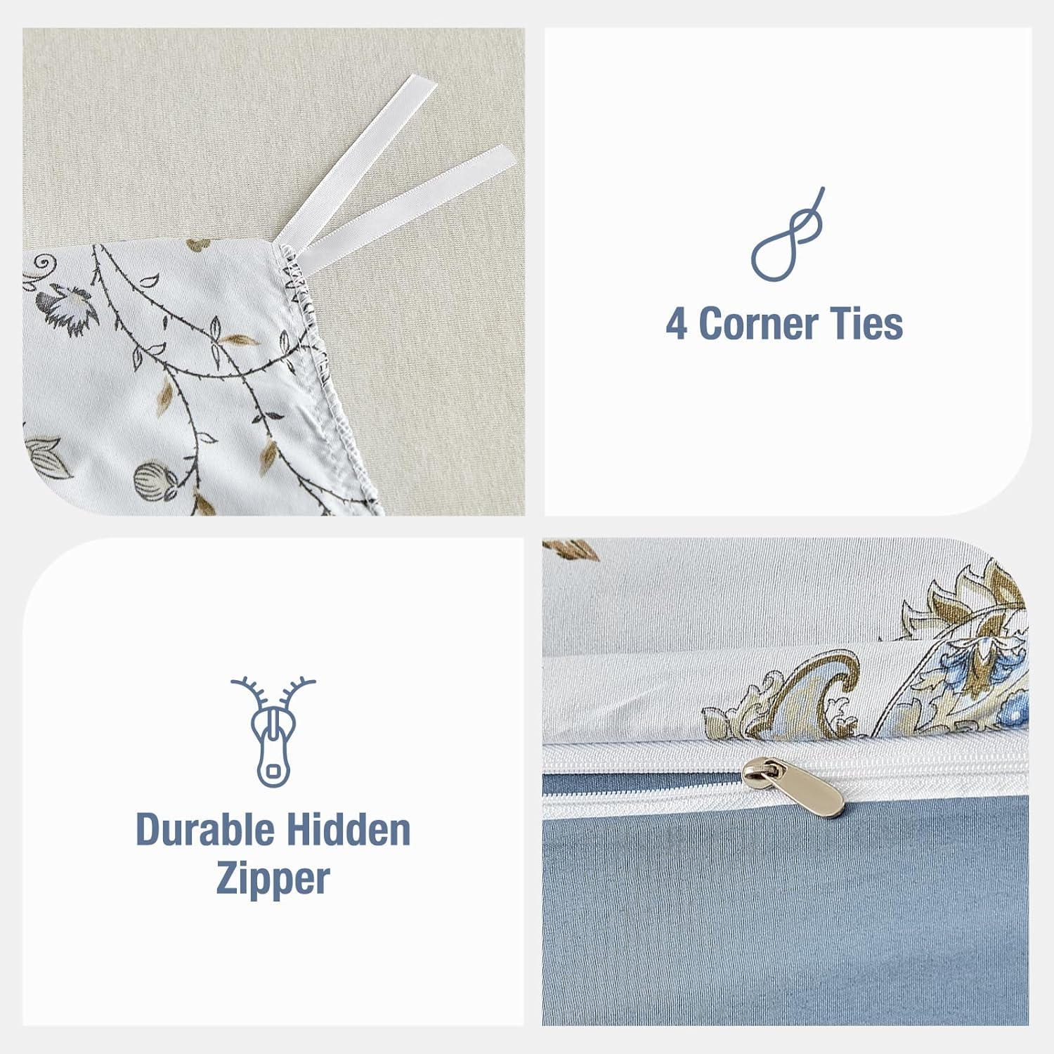 Tokokimo Duvet Cover 220 X 240 Cm with 2 Pillowcases 65 X 65 Cm - Bohemian Patchwork Floral Pattern - 100% Microfibre Bedding Set 220 X 240 Cm for Adults with Zips Blue