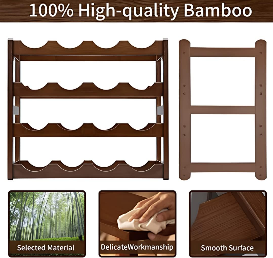 4 Tiers Bamboo Wine Rack, Wooden 16-Bottle Display Wine Bottle Storage Holder, Freestanding Bottle Bar for Home Kitchen Cabinet