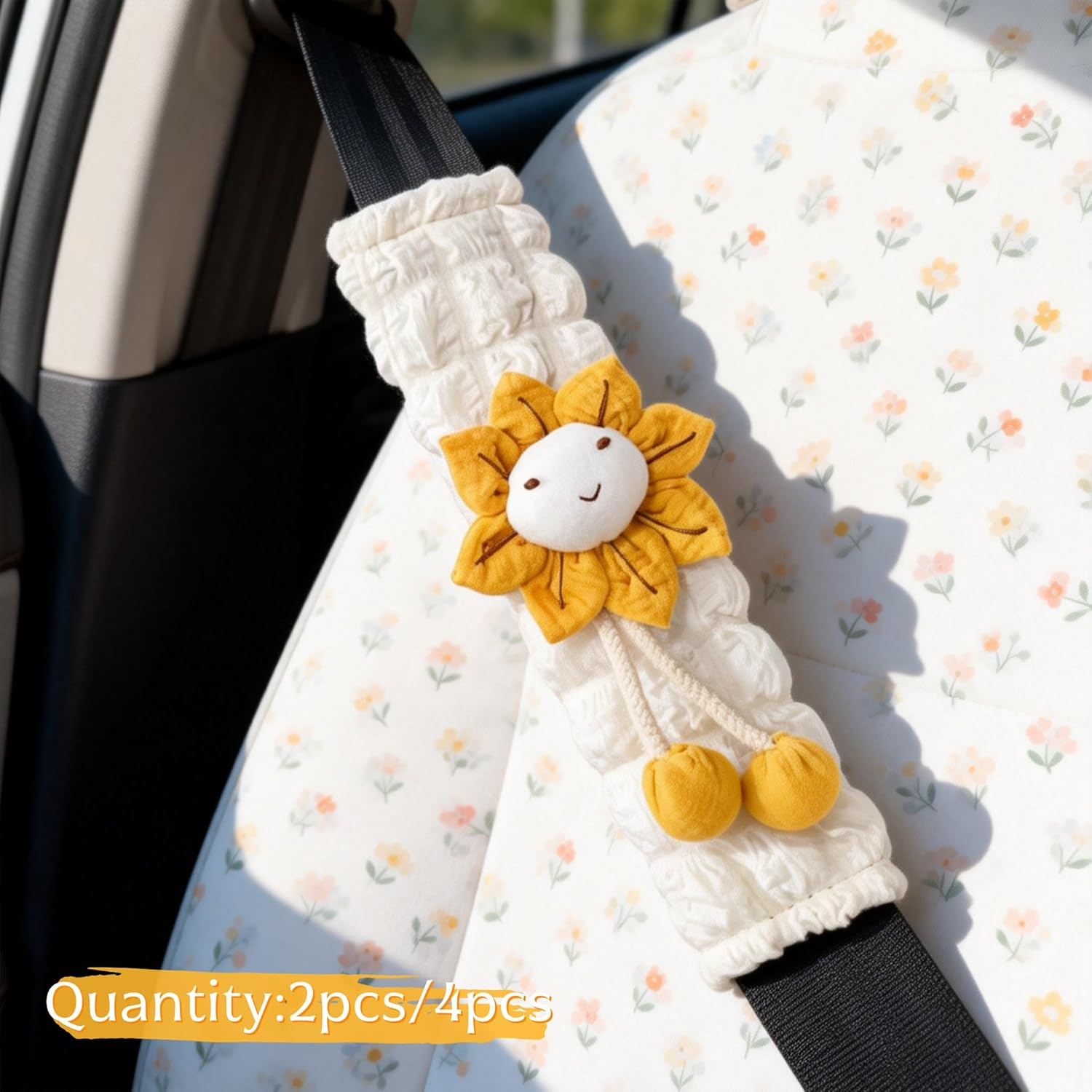Cute Flower Car Seat Belt Cover Pads 2 Pack & 4 Pack Car Accessories Seat Belt Cushion Neck Cushion Shoulder Strap Protector Universal Seat Belt Cover for Adults and Kids (Sunflower,2) - Sunflower, 2 image number 4