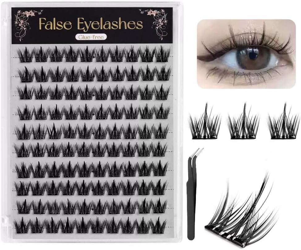 Self Adhesive Eyelashes Natural Look Wispy Pre Glued Lash Clusters No Glue Needed Press on Lashes Adhesive Clusters Easy to Apply 11-13MM Adhesive Eyelashes with Lash Tweezers 100Pcs image number 4
