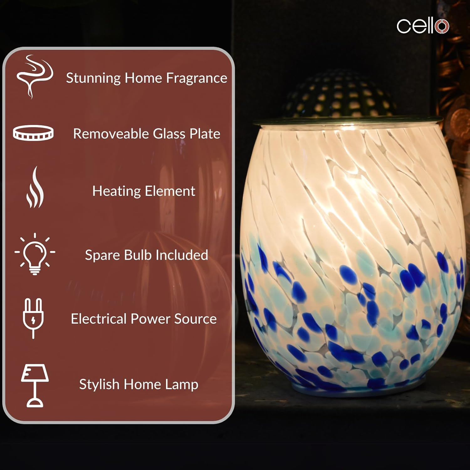 Cello Crashing Waves Art Glass Electric Melt Burner - Wax Melt & Oil Burner. New Home Gifts, Home Decor, Room Decor & Office Accessories. Electric Diffuser with Halogen Light Bulb. image number 1