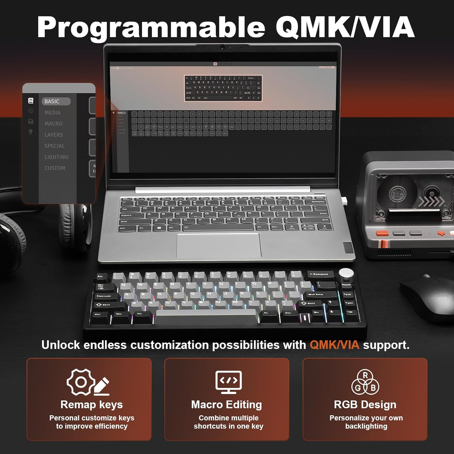 YUNZII AL68 Wireless Mechanical Keyboard 60%,QMK/VIA Aluminum Keyboard,Hot Swappable Custom Keyboard with Knob,Gasket Structure,Rgb Gaming Keyboard for Mac/Win/Linux (Black, Cocoa Cream V2 Switch) image number 1