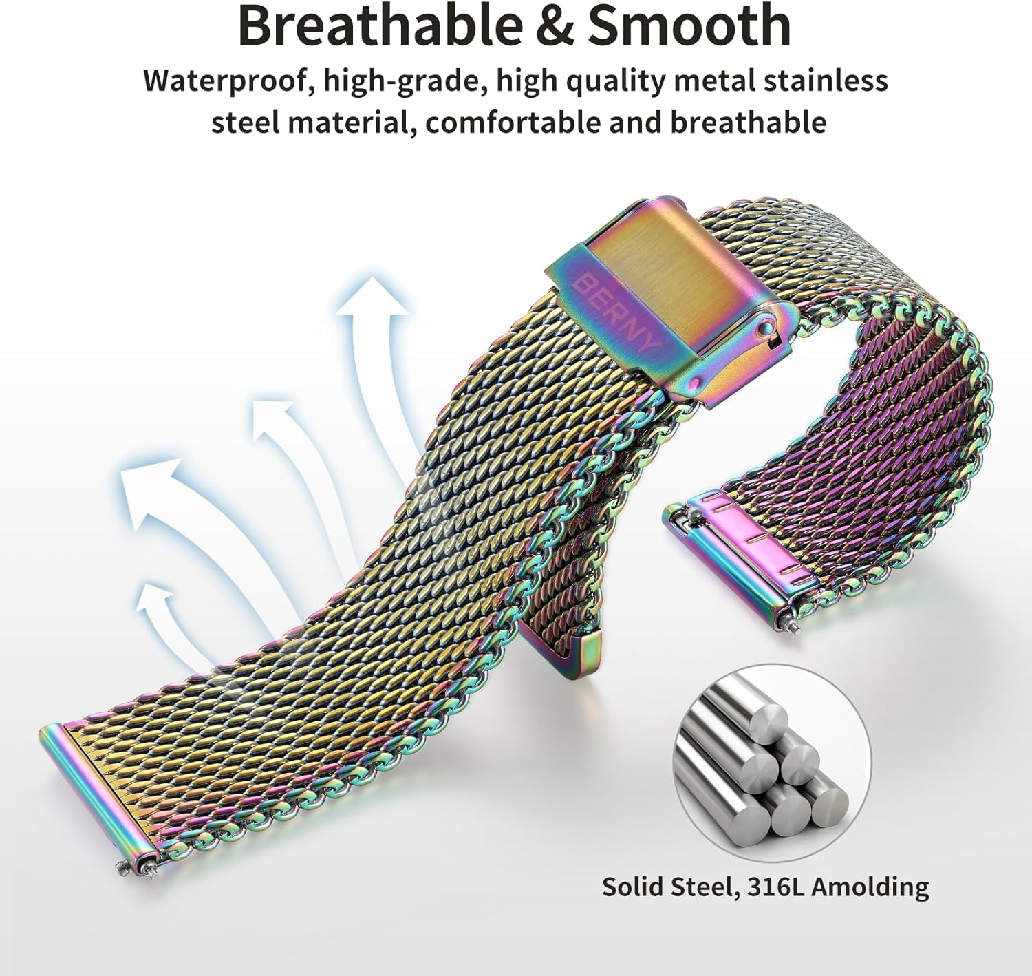 BERNY Stainless Steel Mesh Watch Band for Mens Women Quick Release Adjustable Milanese Watch Straps Thick Heavy Duty Metal Bracelet with Safty Clasp Black Silver 18Mm 20Mm 22Mm 24Mm image number 7