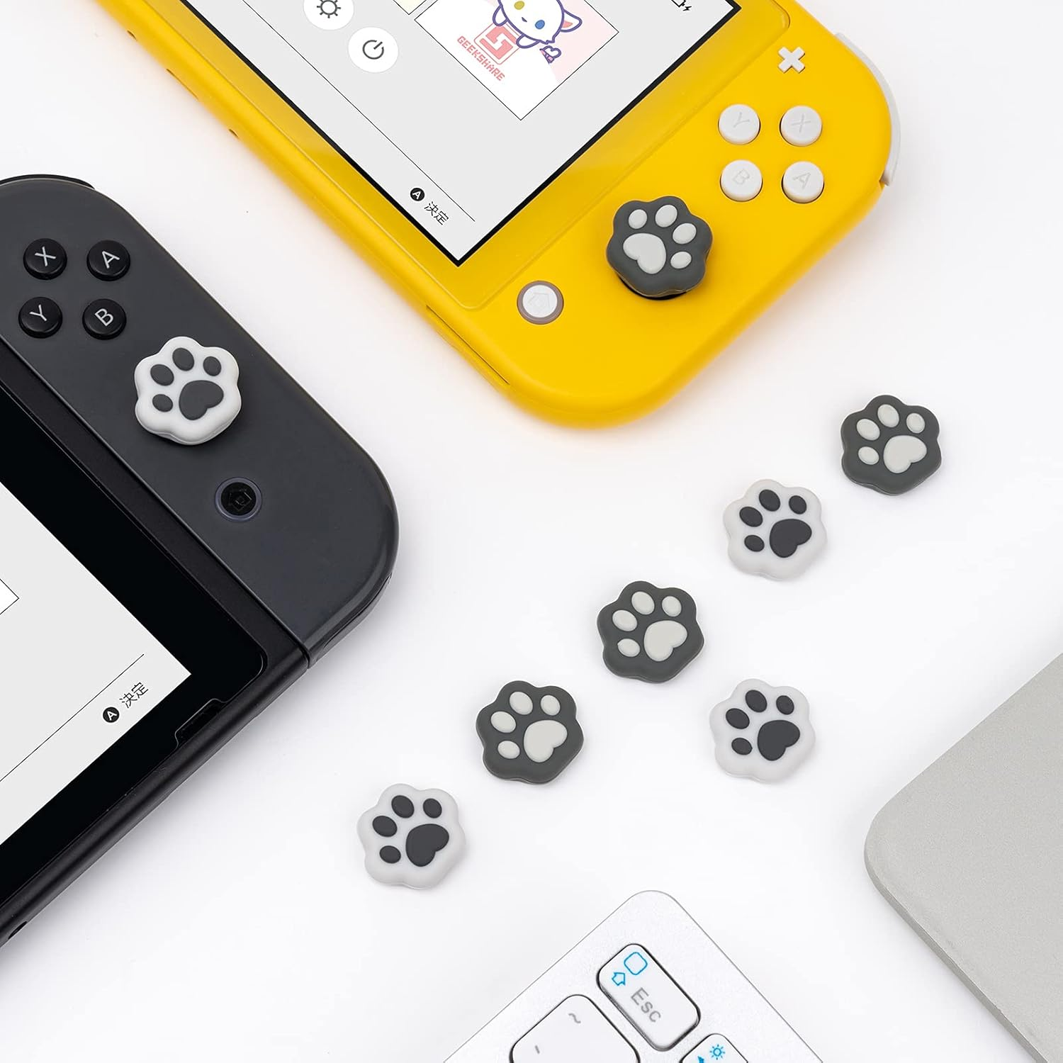 Geekshare Cat Paw Shape Thumb Grip Caps,Compatible with Switch/Oled/Switch Lite,Soft Silicone Joystick Cover, 4PICS (Sesame Grey)