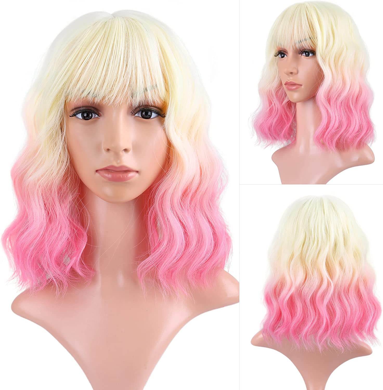 FAELBATY Light Blue Wave Bob Wigs with Bangs Synthetic Cosplay Wig for Girl Shoulder Length Wig for Women Costume Wigs Mixed Blue(12" Light Gray Blue)