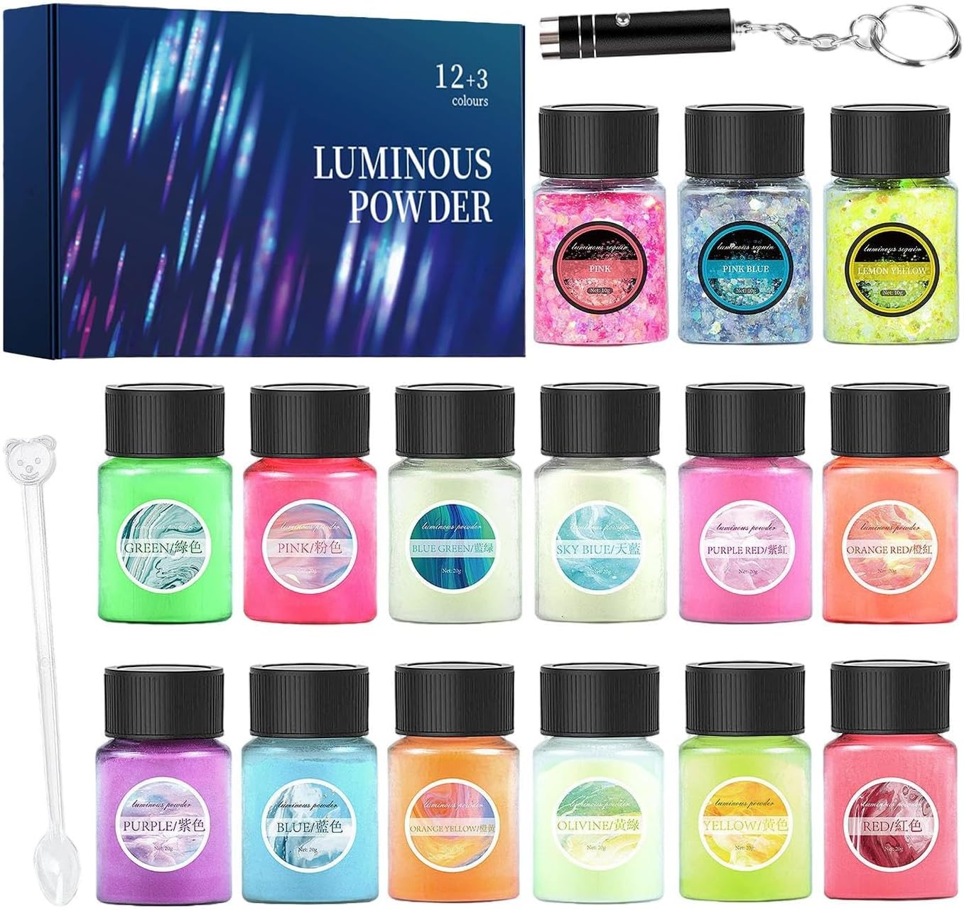 Glow in the Dark Pigment - 15 Color Luminous Powder for Art Projects, Safe Dye Set with Long Lasting Brightness, Self Glowing Pigment Powder for Slime Resin Nail Polish Craft Coating Decoration image number 1