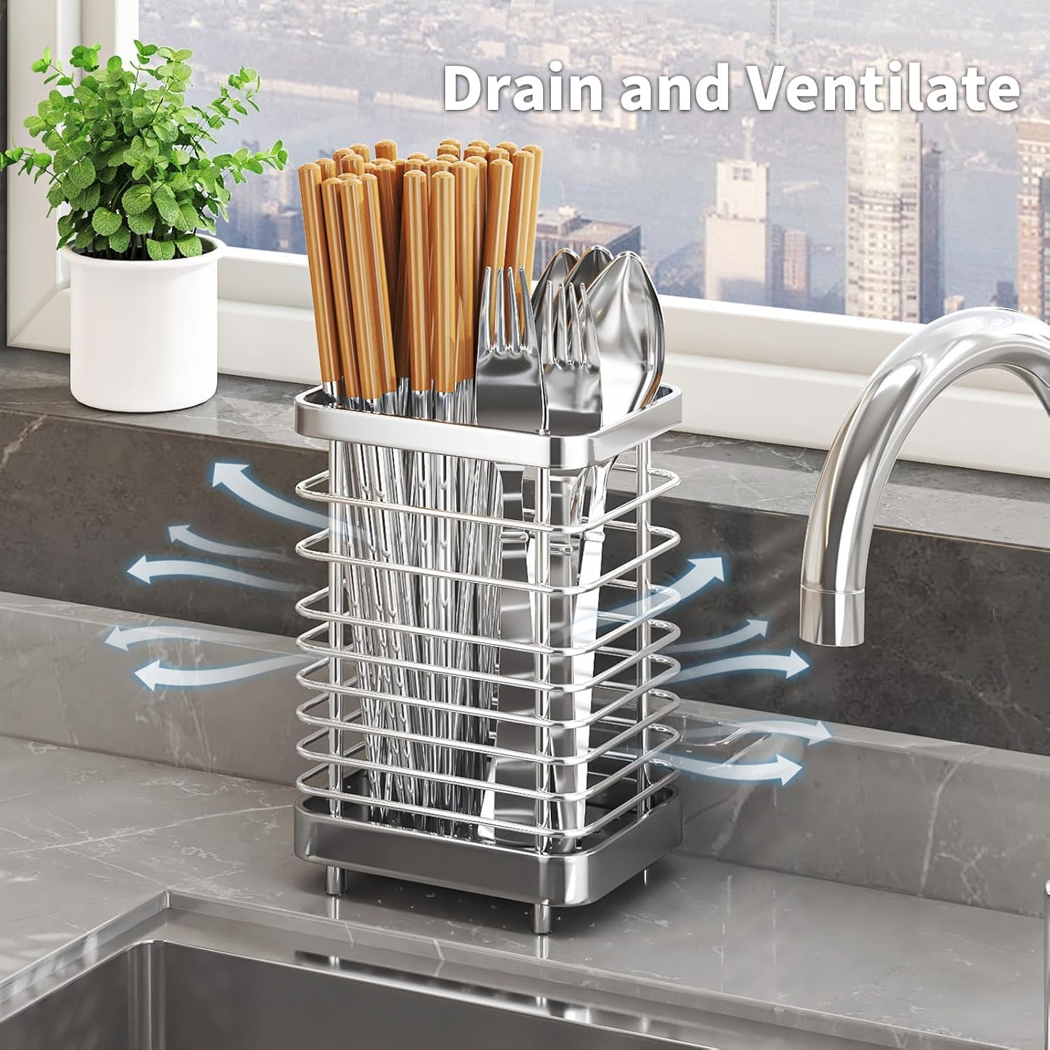 QYINXIU Utensil Holder Kitchen Countertop Organizer, Cutlery Drainer Sink Caddy Storage Drying Rack for Silverware Flatware and Cookware, Stainless Steel (Sliver) image number 6