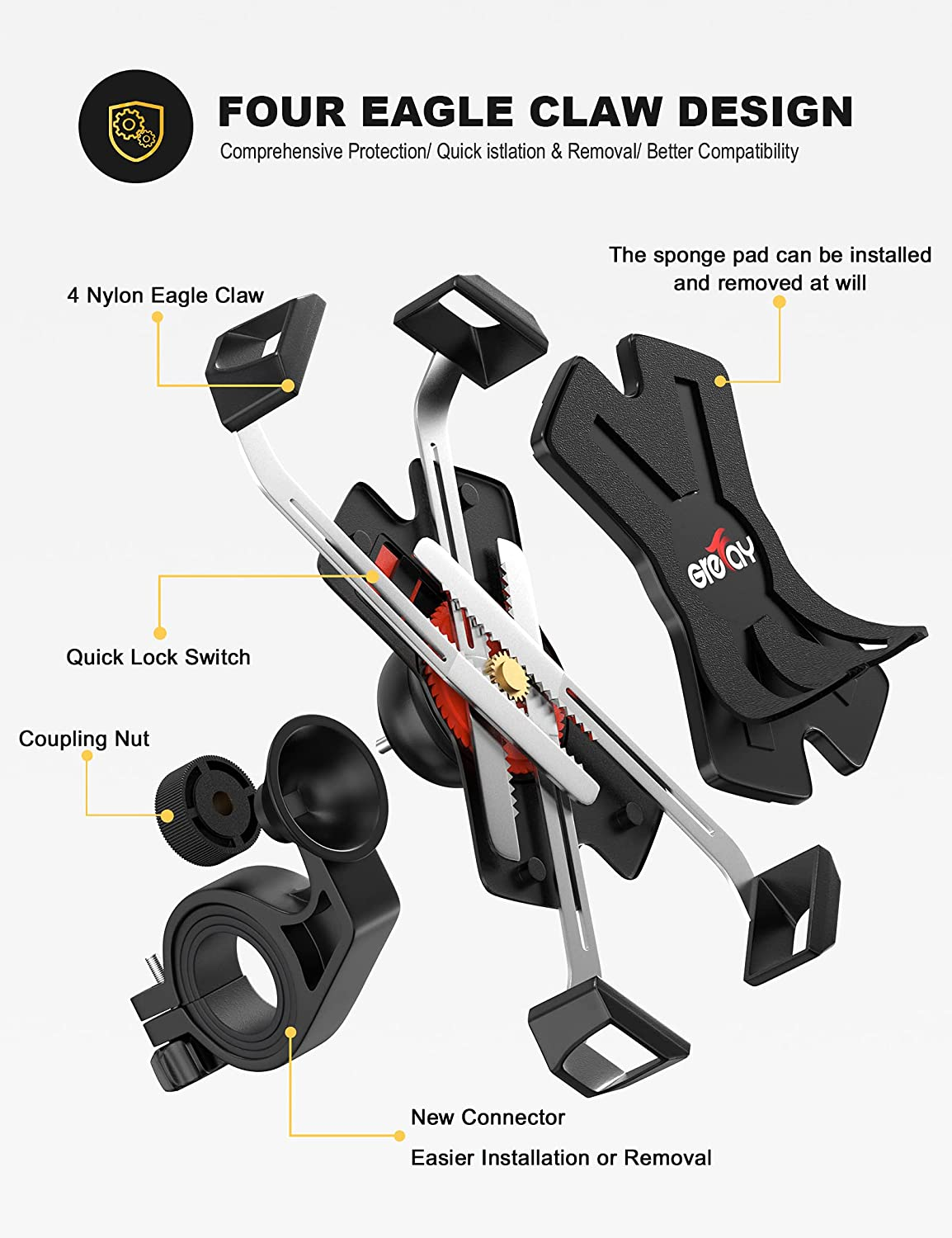 Grefay Bike Phone Mount Metal Motorcycle Smartphone Holder for Handlebar Cradle Clamp with 360 Rotate 4.0-7.0 Inch Device image number 1