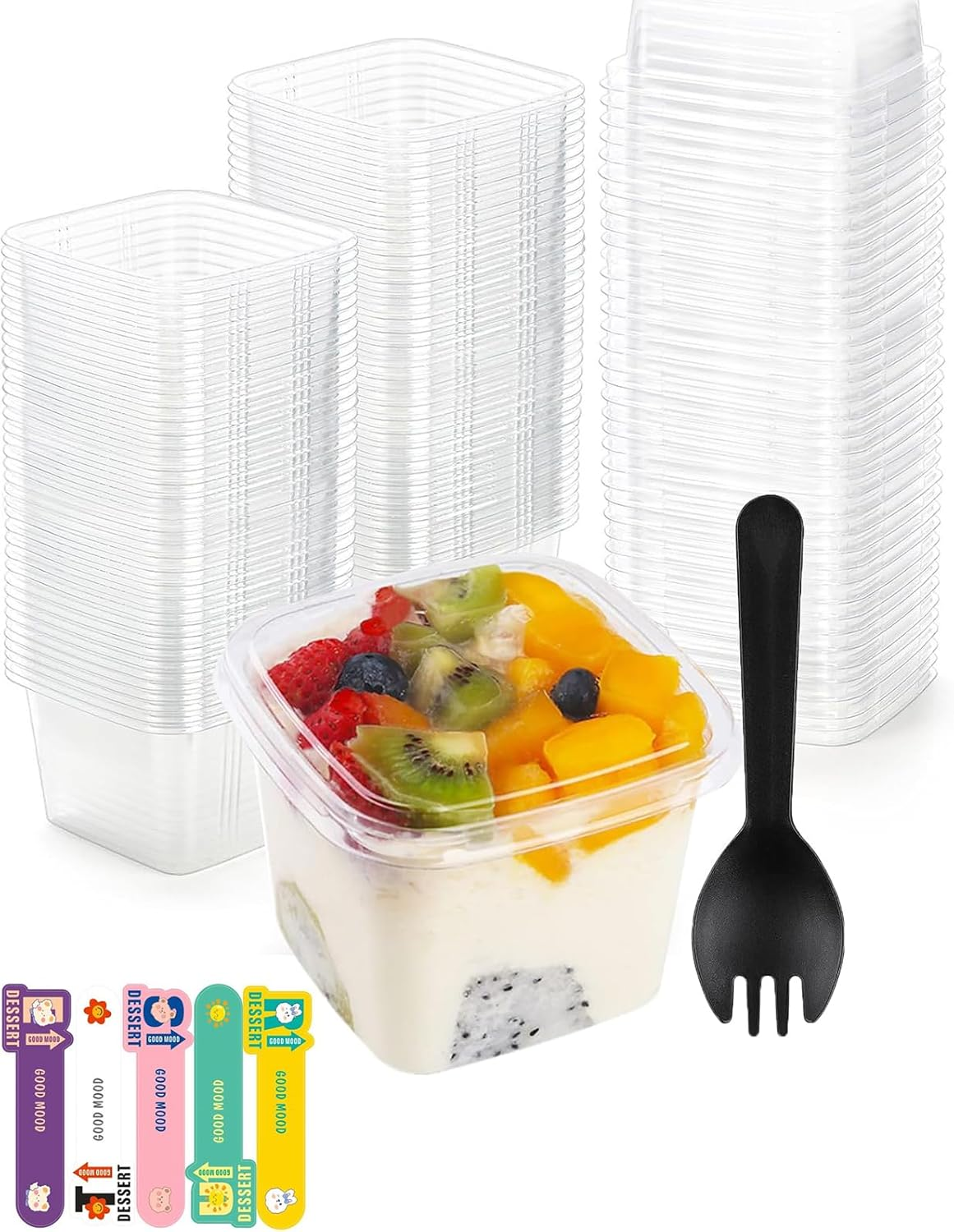 50 Pack 12Oz/400Ml Square Dessert Cups, Reusable Dessert Cups Clear Dessert Cups with Lids and Spoon (50 Set - 12Oz) image number 3