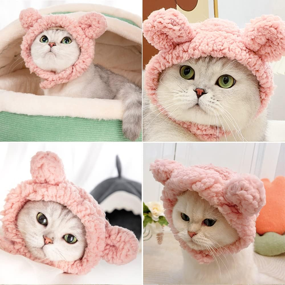 JOICEE Cute Cat Costume Warm Bear Hat for Cats Adjustable Soft Small Pet Headwear Bear Hat for Cat Puppy Dog (Pink) - Avocado Color image number 5