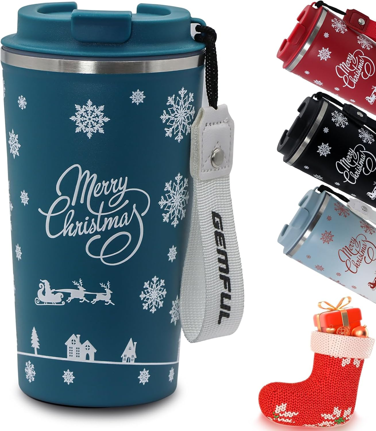GEMFUL Christmas Coffee Tumbler Screw on Lid 510 Ml Stainless Steel Thermal for Women Friends or Coworker