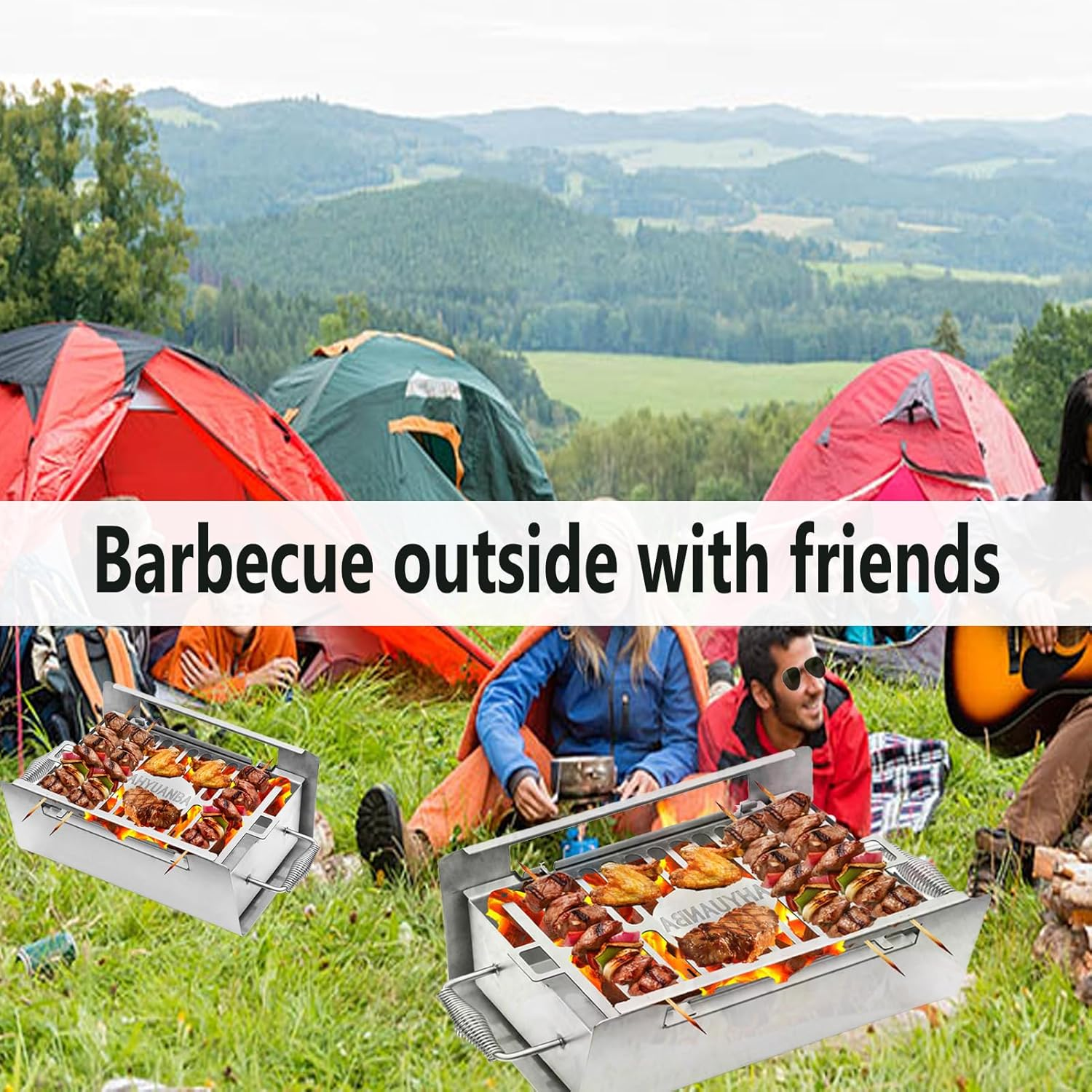 Portable Charcoal Grill,15.8"Folding Reusable Barbecue,Compact Thickened 304 Stainless Steel Tabletop Grill with Handle for Camping Picnic Travel Backyard and Party Cooking image number 1