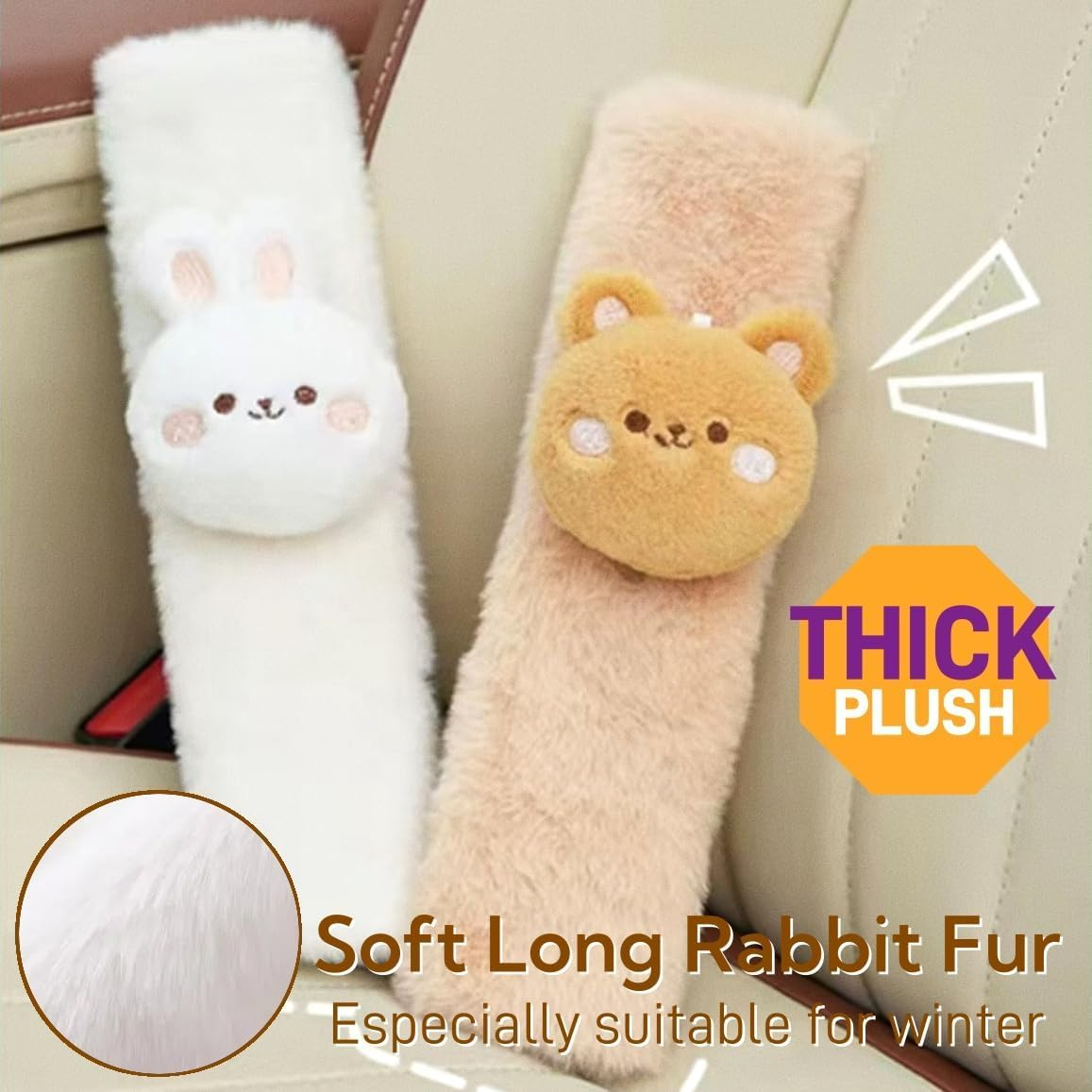 2 PCS Seat Belt Cover Pad, Cute Kawaii Animal Bunny Seatbelt Covers for Kids and Adults, Winter Plush Fluffy Soft Seat Belt Cover, Cartoon Seatbelt Cushion,Car Seat Strap Pads