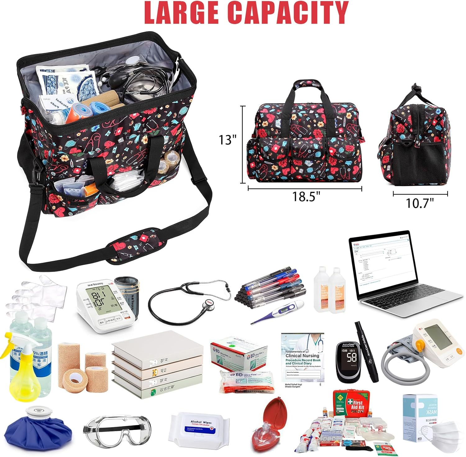 Nurse Rolling Medical Duffle Bag for Work, Clinical Home Health, CNA Gift - Carry on Bag with Wheels for Doctor, EMT, EMS Healthcare, 18.5 X 10.7 X 13 Inches