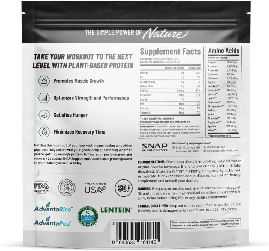 SNAP Organic Plant Based Vegan Protein Powder by Snap Supplements - Nitric Oxide Boosting Protein Powder, Vanilla Bean, BCAA Amino Acid for Muscle Growth, Performance & Recovery - 30 Servings (Vanilla) image number 4