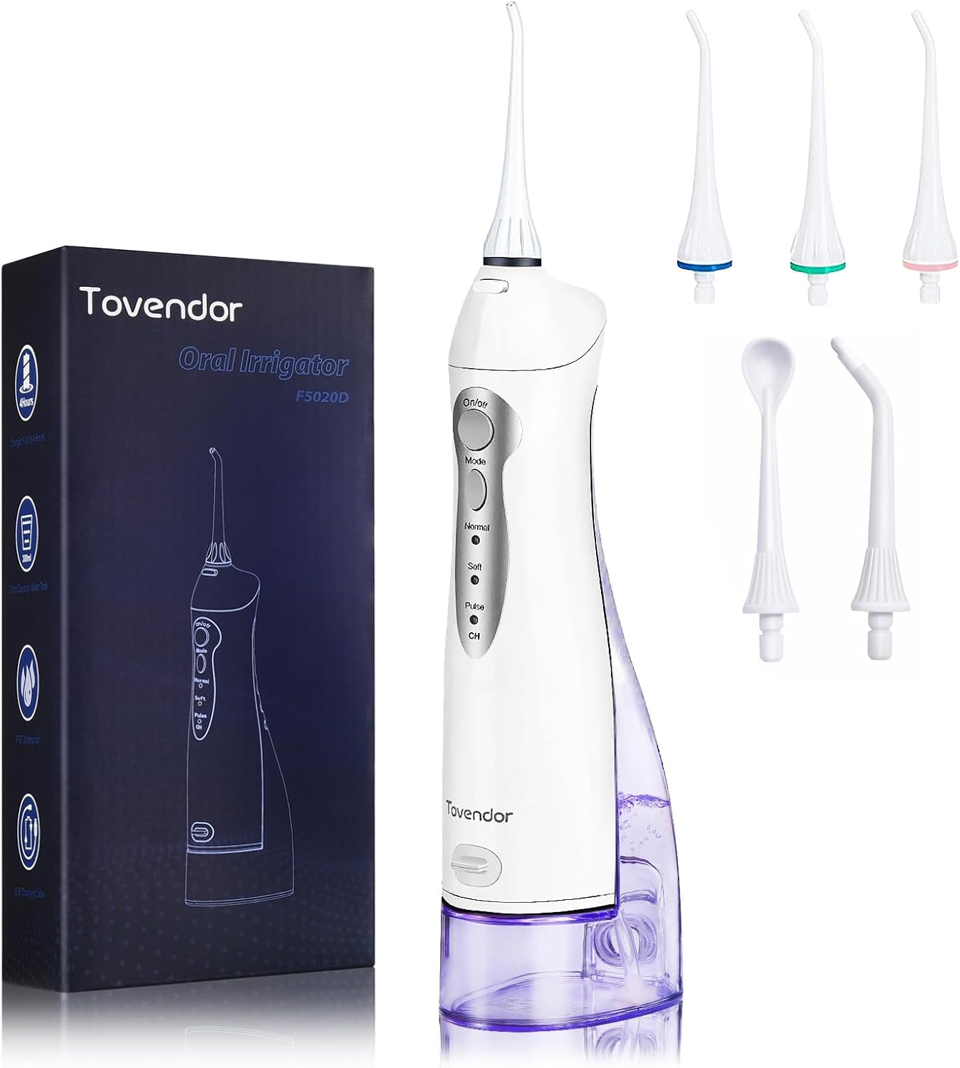Water Flosser, Tovendor Cordless Oral Irrigator for Teeth, Gum, Braces Deep Cleaning, 4 Tips, 4 Modes, 300ML Rechargeable Water Dental Flosser, IPX7 Waterproof, Portable Design for Home Travel (Matte Black)