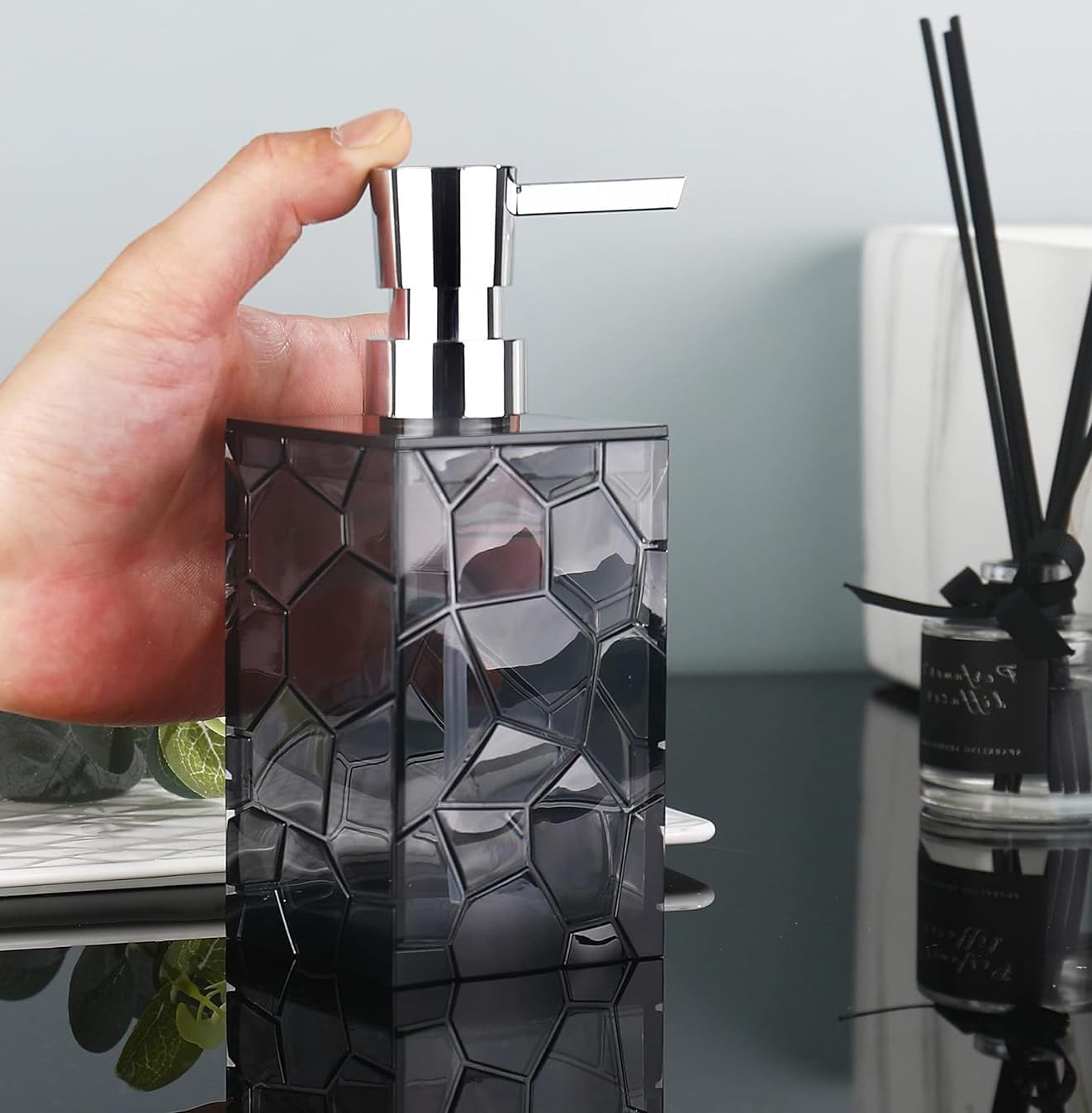 Clear Acrylic Soap Dispenser, Shampoo and Conditioner Dispenser Set, 2 Pack, 320Ml Capacity, Reusable Modern Bathroom Hand Soap Dispenser (Gray - 2Pack) image number 5