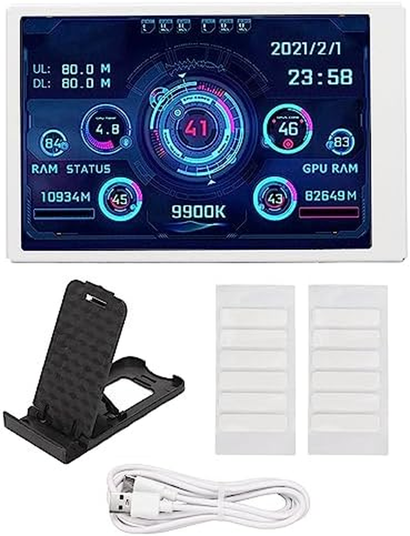 Computer Temp Monitor, 3.5 Inch PC Temperature Display PC CPU Hard Disk Data Monitor with Stand, PC Sensor Panel Display Temperature Monitor for Computer Case (White)