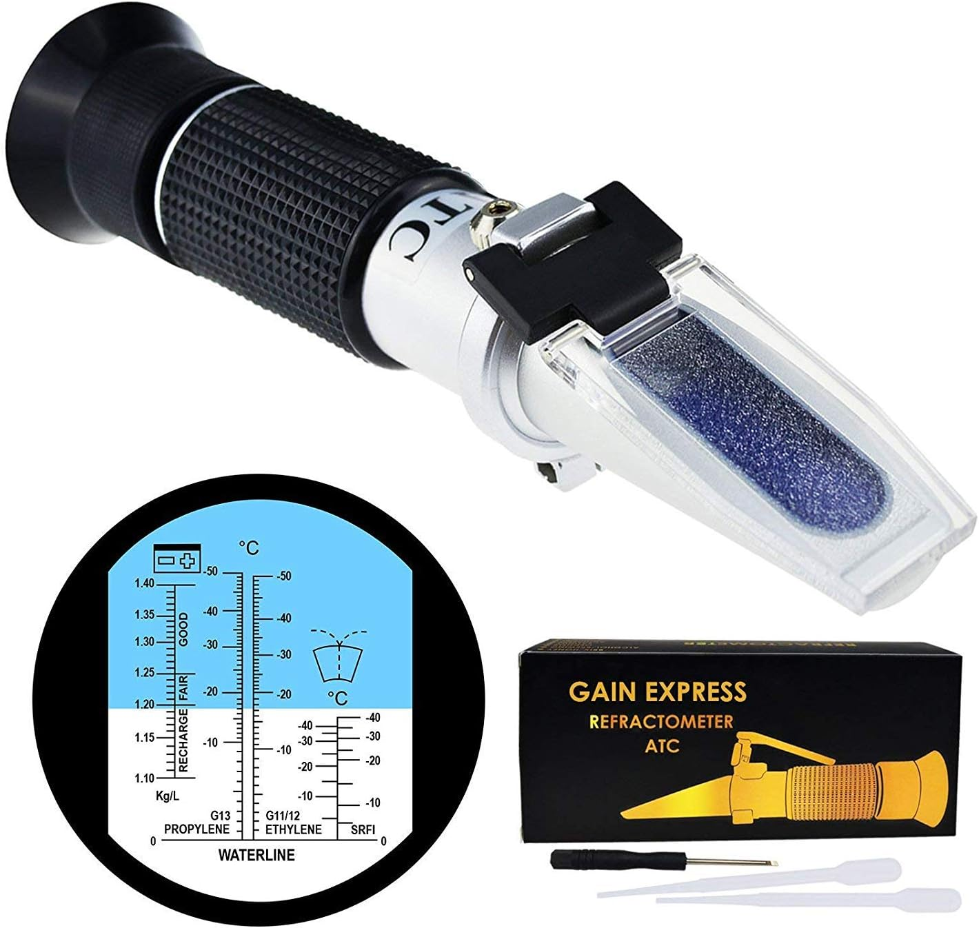 Gain Express 6-In-1 Automotive Car Refractometer ATC for Adblue/Antifreeze/Battery Acid/Windshield Fluid, Coolant Charge Specific Gravity Density Condition