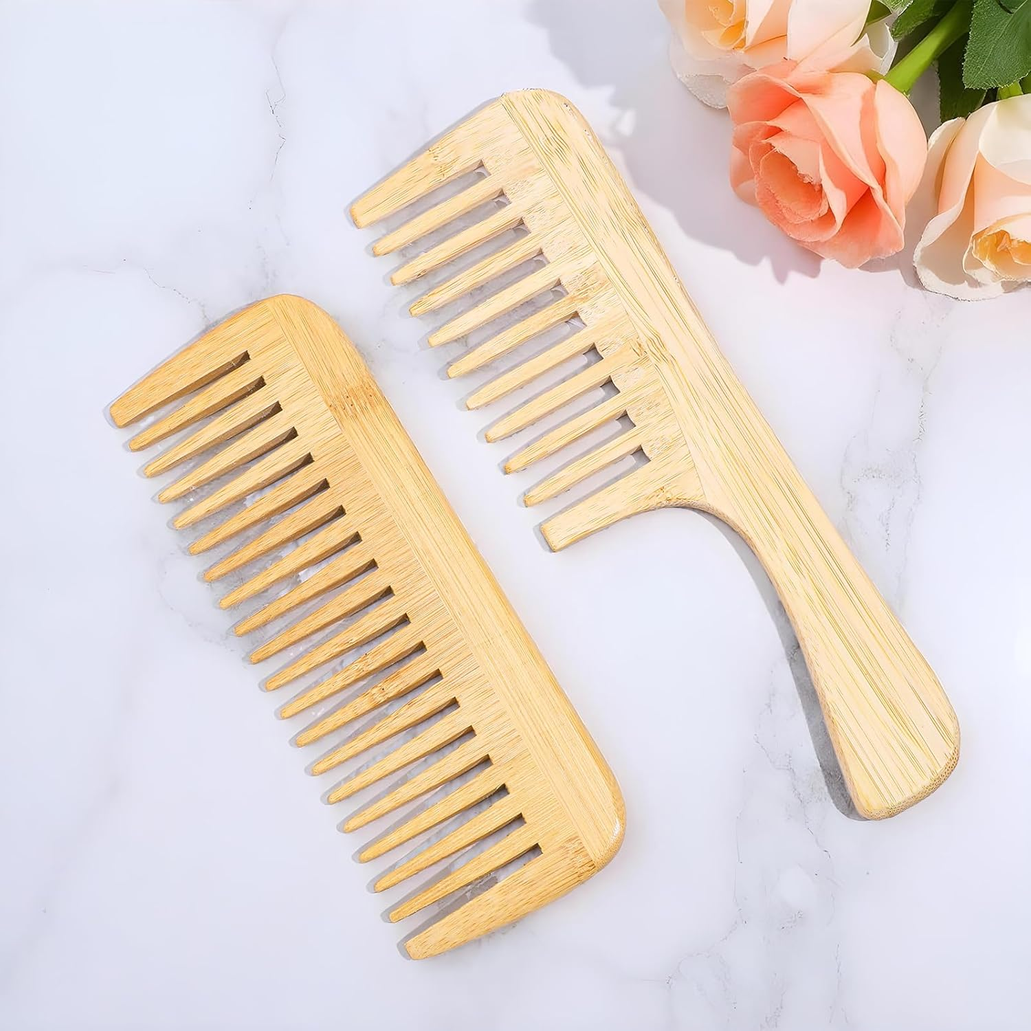 2PCS Bamboo Comb Anti-Static Wide Tooth Combs Natural Bamboo Comb Set Large Hair Detangling Combs Small Wooden Curls Big Tooth Wood Hairs Brushes for Straight Natural Curly Wavy Dry Wet Hair image number 4