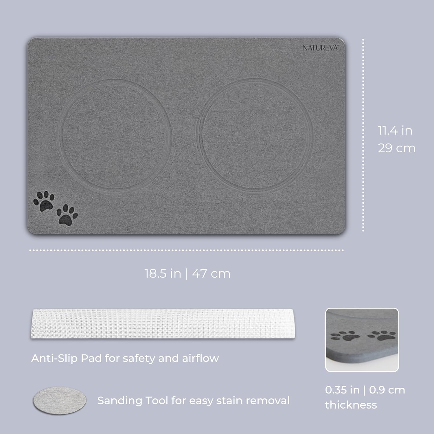 Natureva Home - Stone Pet Food Mat | Super Absorbent, Quick Drying | Diatomite Bowl Feeding Mats for Dog and Cat | Made of Natural Diatomaceous Earth | Absorbing Water Instantly | Colour Graphite image number 3