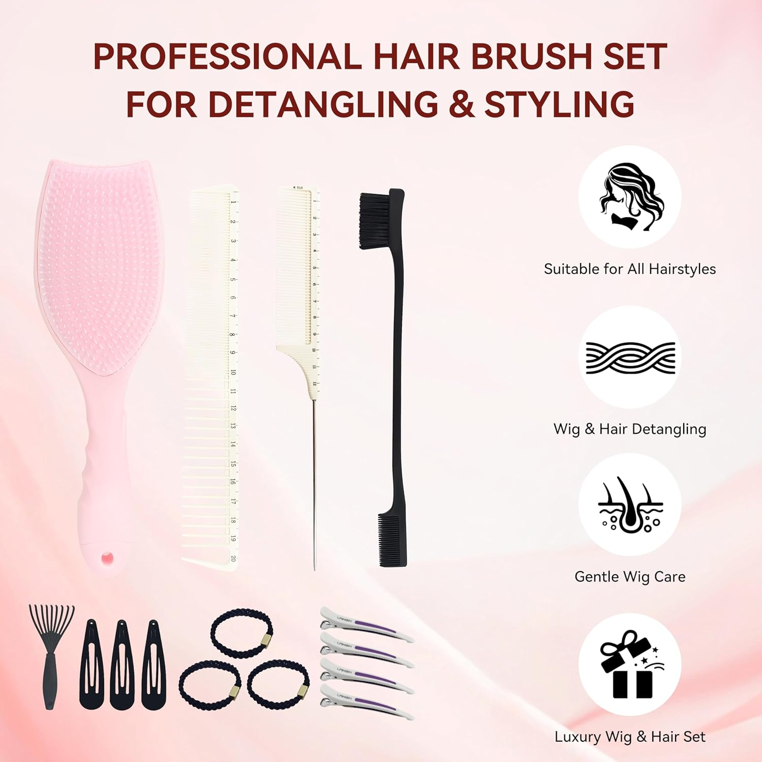 Hair Brush Set with Hairs Clip Ties 15PCS Women Styling Brushes Gifts Chrimstas Birthday Festival Detangling Hairbrush Rat Tail Comb for Parting Styler Hair Care image number 6