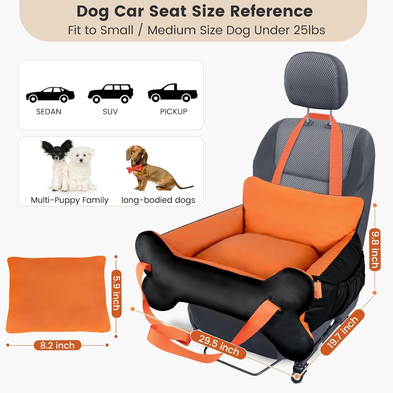 29.5"X19.7"X9.8" Dog Car Seat for Middle Dogs & Cats with Leash, Water-Resistant Faux Leather Booster Car Seat with Side Pocket for Summer Travel, Dog Bed for SUV, Truck with Bone Decor image number 5