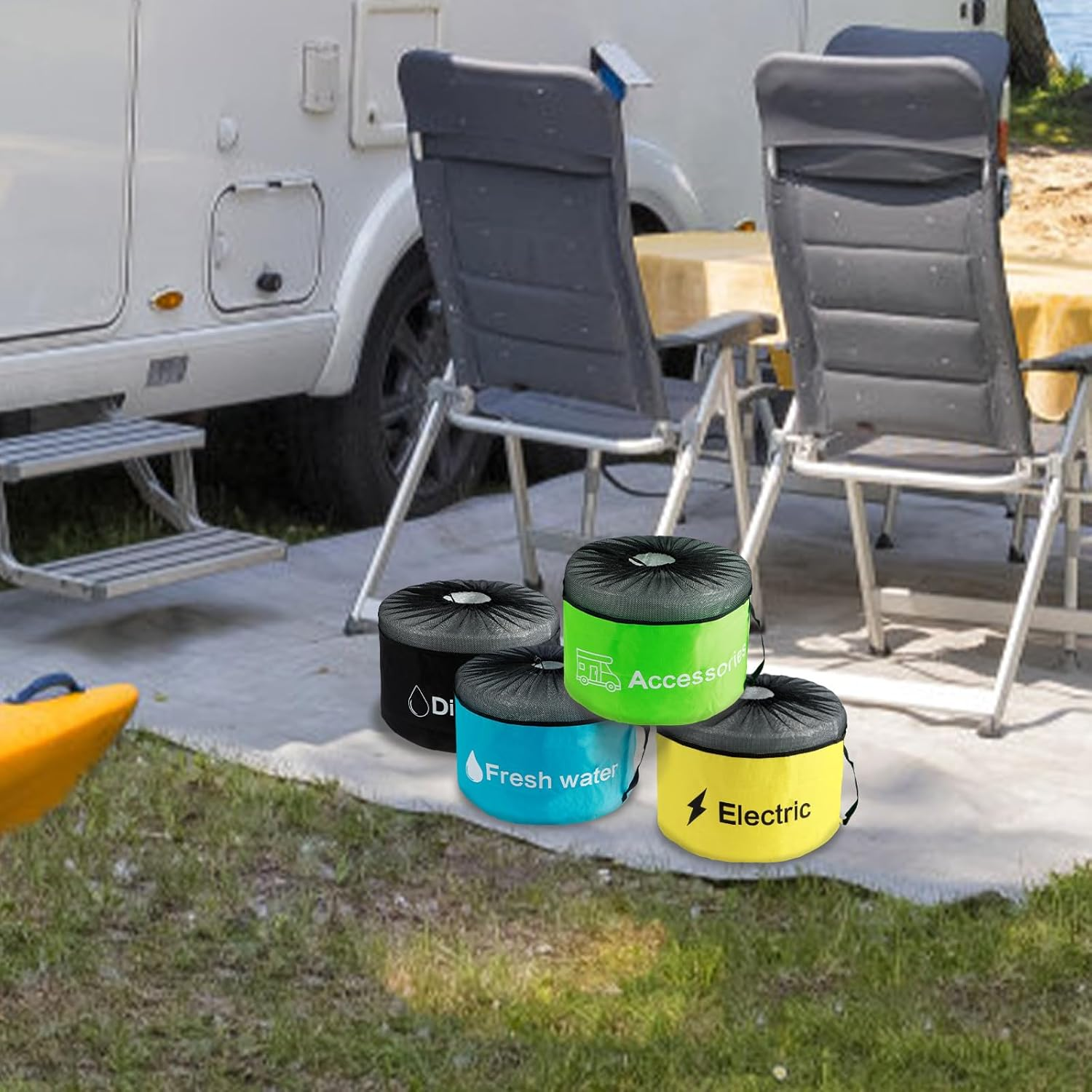 US 3/4Pcs RV Hose Storage Bags with Mesh Top Waterproof RV Utility Bag Multifunctional RV Accessories Storage Bags with Straps Large Sewer Hose Bag for Fresh/Black Water Hoses Electrical Cords image number 4