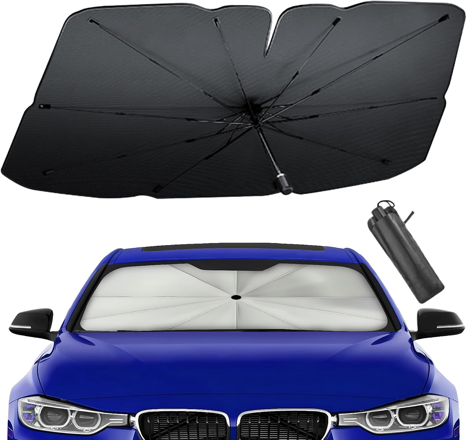 Extra-Large Size Car Window Shade for Reducing the Temperature and UV Rays, Car Sunshade Front Windshield Is Suitable for Most Car Models with Bendable Handle (Black, 140 X 80 Cm)