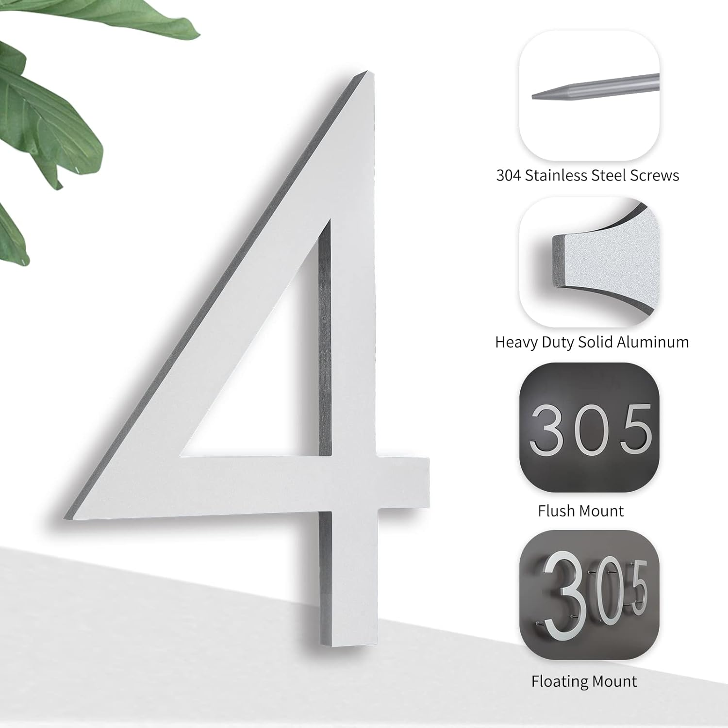 8 Inch Floating House Numbers, Address Numbers for Outside, Metal Silver Large Modern House Numbers, Door Numbers for Mount Aluminum Silver Number 4 image number 1