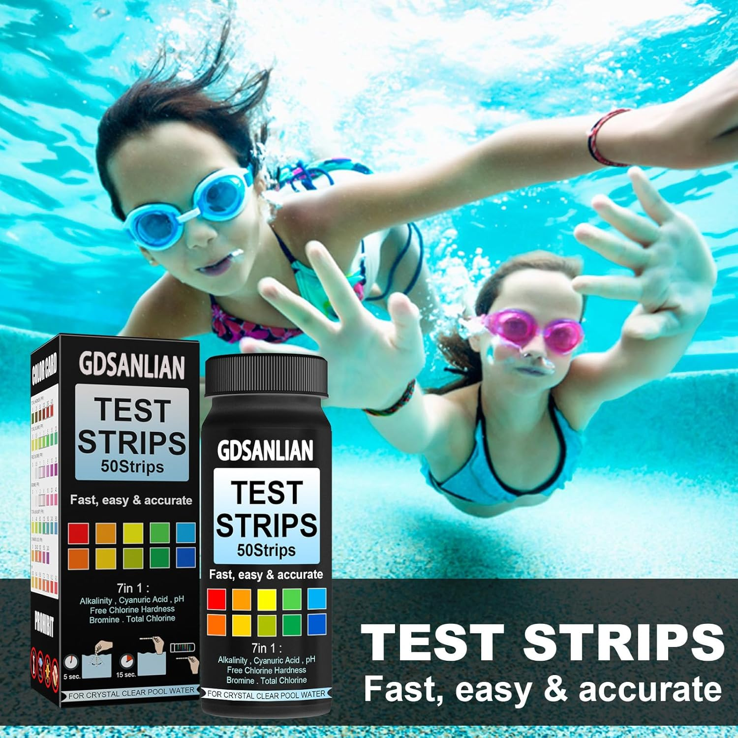 Gdsanlian 7-In-1 Professional Water Test Strips 50 Strips &ndash; Instant Pool/Spa/Drinking Water Testing Kit for Ph,Chlorine (Total/Free),Hardness,Alkalinity,Bromine & Cyanuric Acid | Lab-Accurate Results image number 1