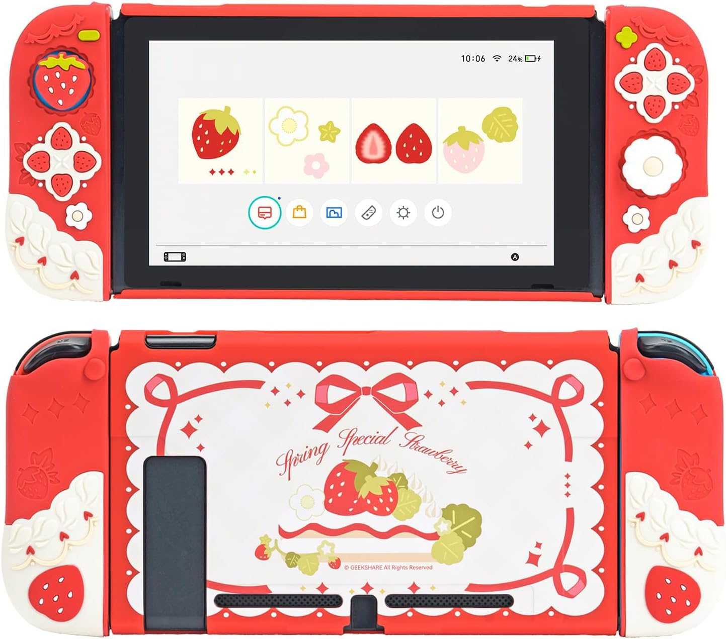 Geekshare Protective Case for Switch Slim Cover Case Compatible with Switch Separable Soft Silicone Protective Shell for Game Console with 2 Thumb Grip Caps - Spring Special Strawberry image number 1