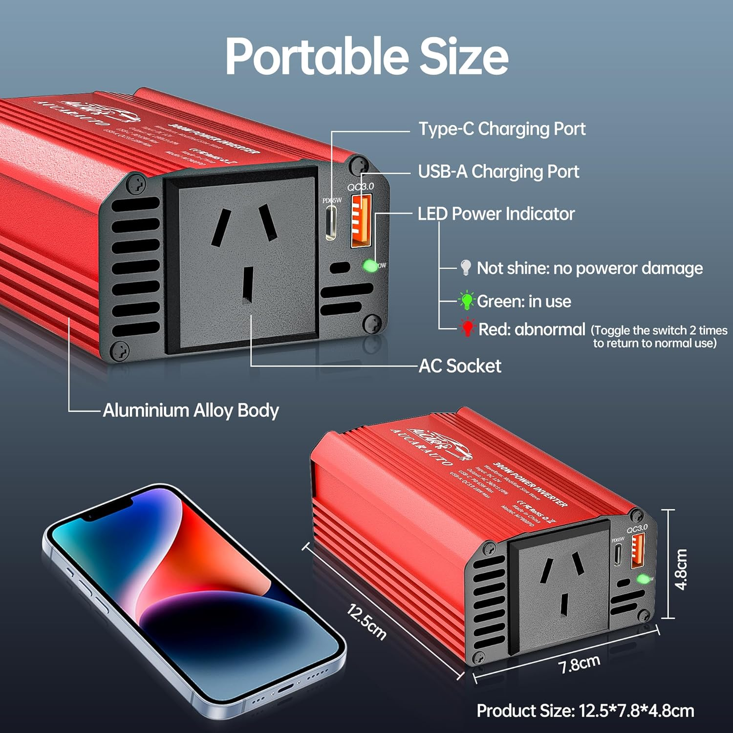 AUCARAUTO 300W Car Power Inverter 12V to 240V Converter, Car Plug Adapter with [65W USB-C] / [18W USB-A] / AC Socket, Car Charger for Vehicles, Aluminium Body - Red - Black image number 5