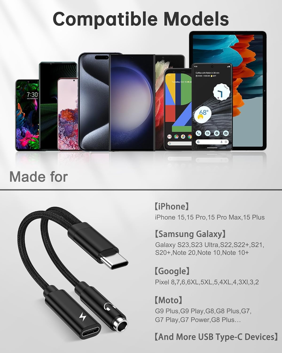 2Pack 2 in 1 USB C to 3.5Mm Aux Adapter, Android Dongle C to C Fast Charging for Samsung Galaxy, Apple Iphone 15 Headphone Jack Adapter, 60W PD Aux Audio Cord Adoptor, Aux Male to Female Converter image number 3