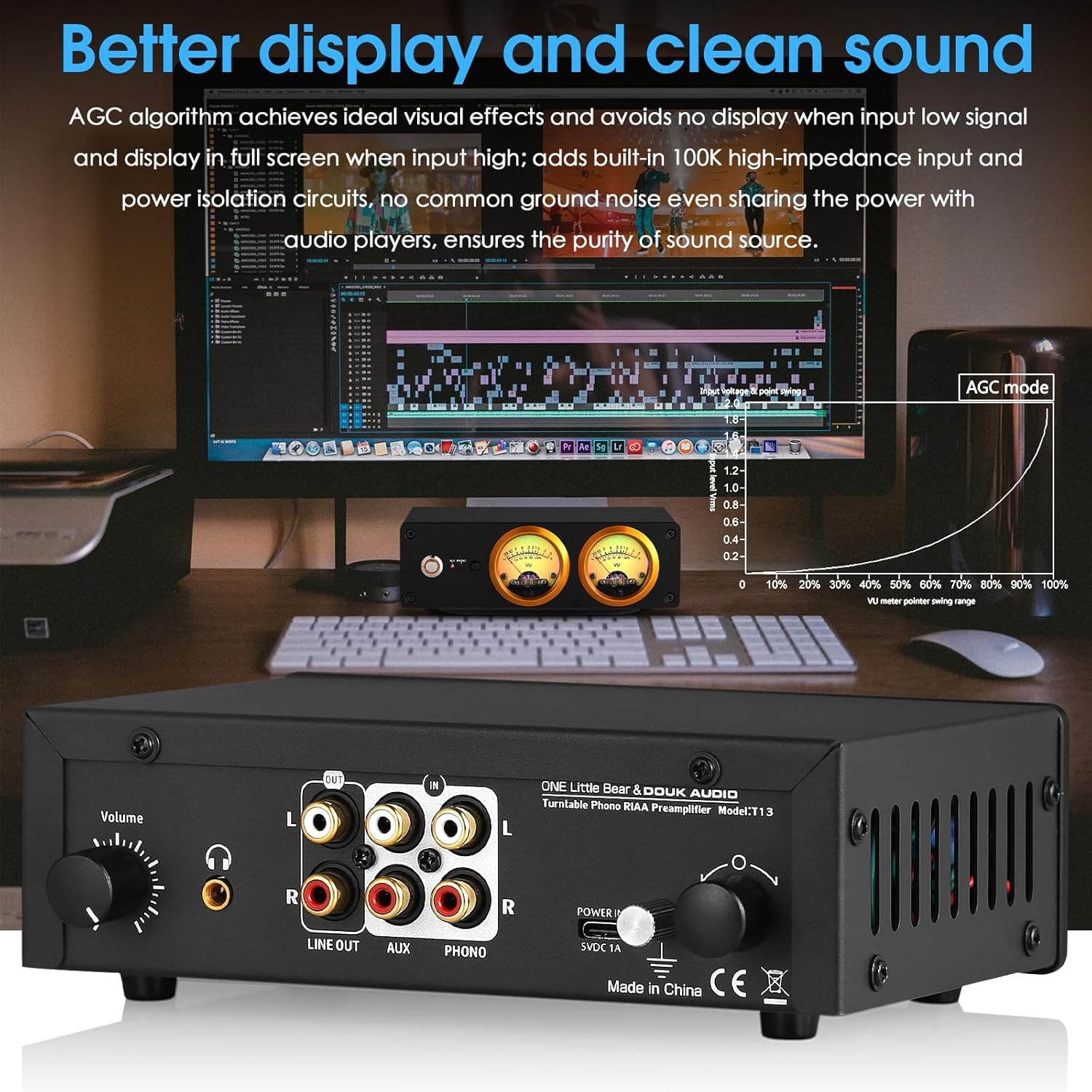 Douk Audio T13 Phono Preamp for MM Turntables Stereo Desktop Headphone Amplifier VU Meter image number 4