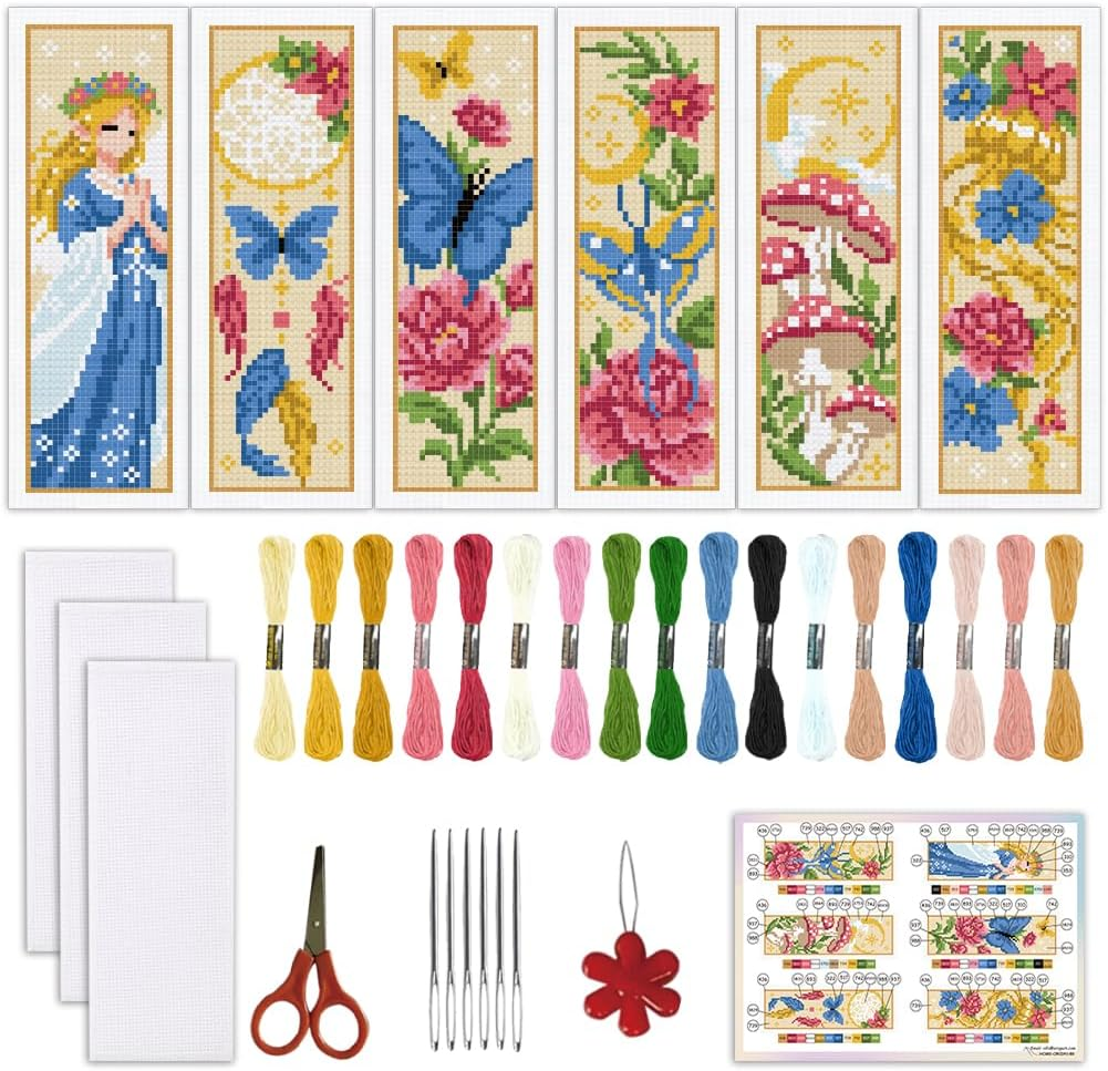 ORIGACH 6 Set Fantasy Angel Butterfly Cross Stitch Bookmark Kit for Beginner with Backing Felt Floss Instructions DIY Stamped Embroidery Bookmark Kit for Adults, Book Lovers image number 5