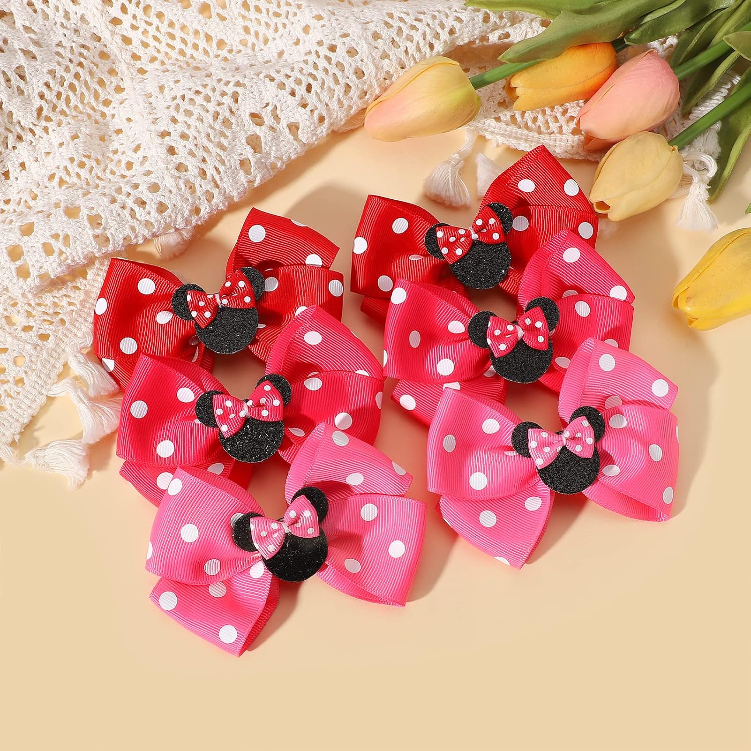 Baby Hair Accessory Set: 6 Piece Mouse Ear Bows and Clips for Girls, Women - Birthday, Party, or Everyday Wear - Pack-3 image number 6