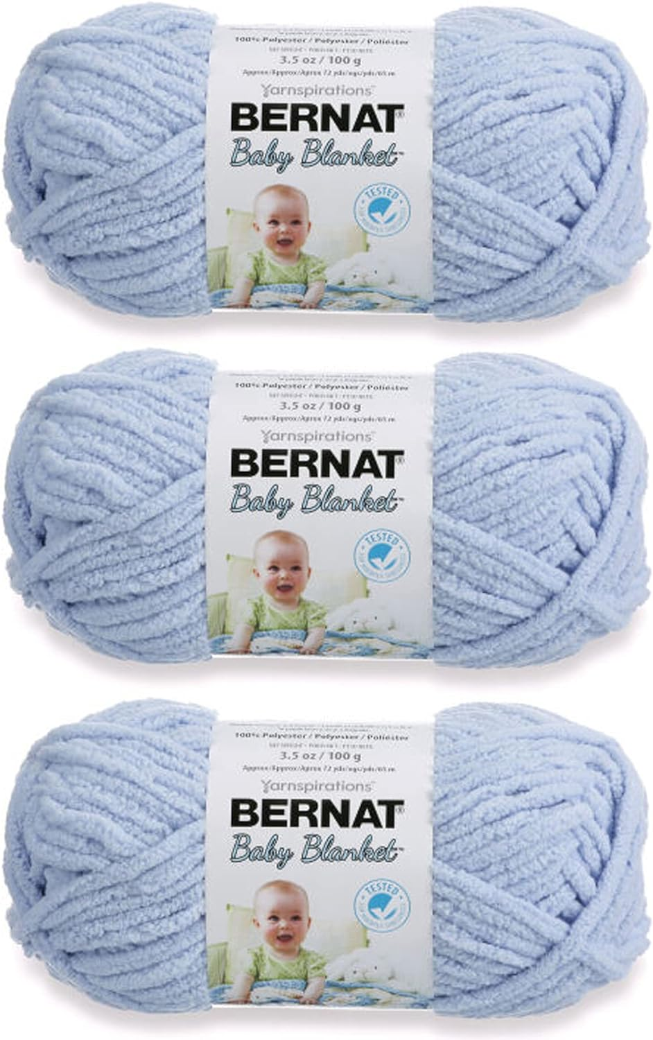 Bernat Baby Blanket Baby Blue Yarn - 3 Pack of 100G/3.5Oz - Polyester - 6 Super Bulky - 72 Yards - Knitting/Crochet